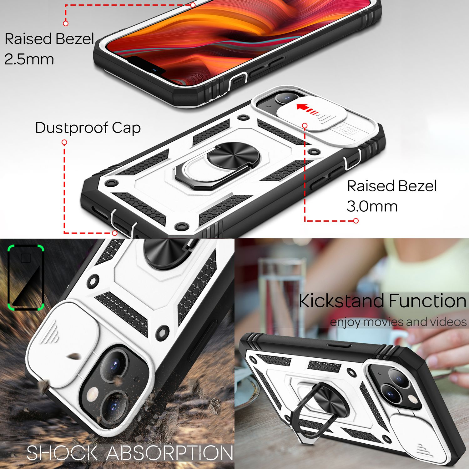 Custodia per telefono con protezione fotocamera e supporto. Diverse viste in bianco e nero.