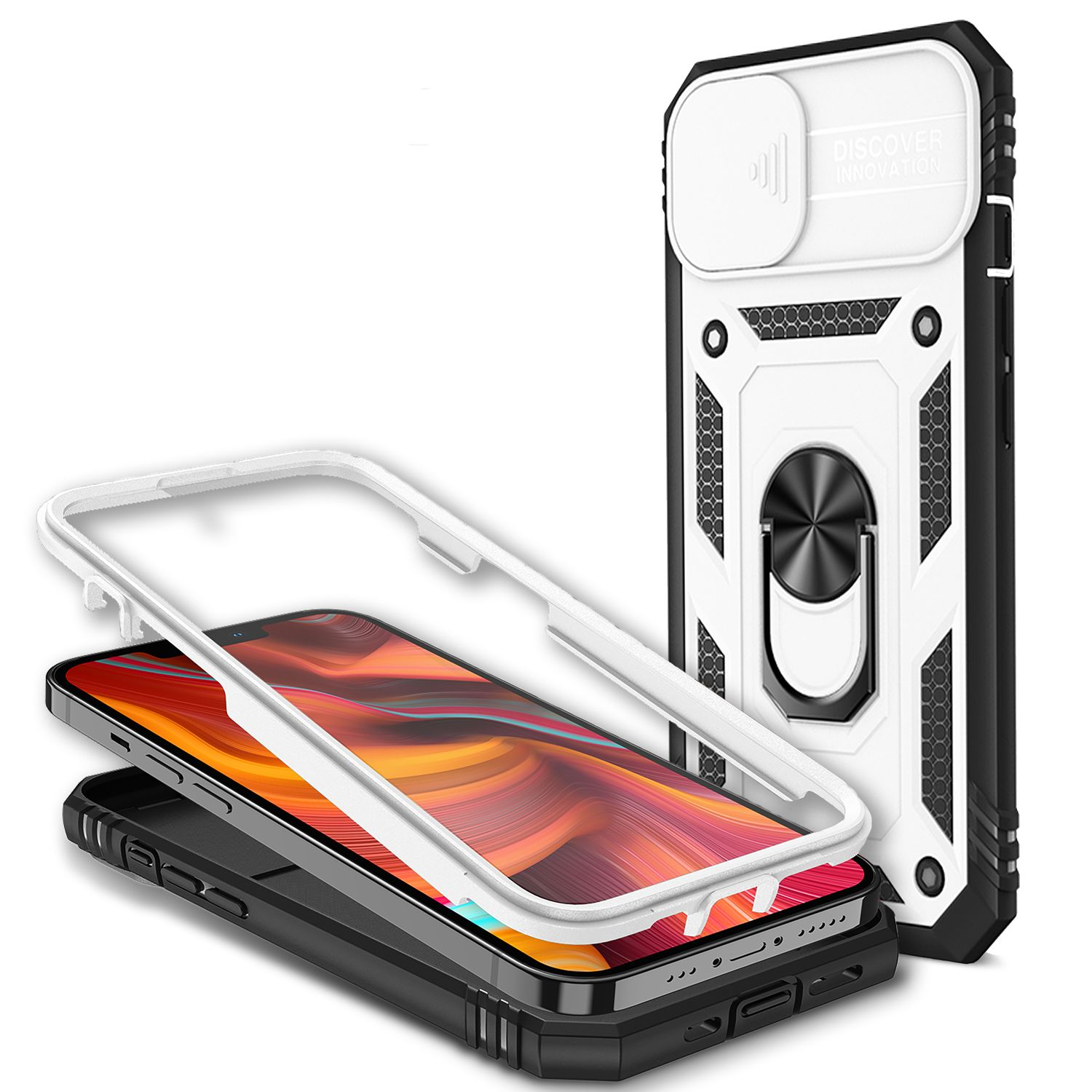Custodia per telefono con design bianco e nero. Ha un supporto ad anello e una copertura scorrevole per la fotocamera.