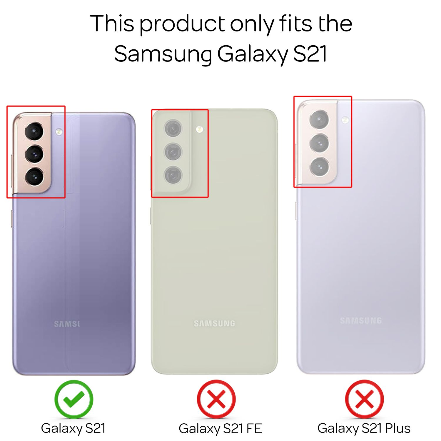 Vengono mostrati tre telefoni fianco a fianco, con il Samsung Galaxy S21 come misura corretta.