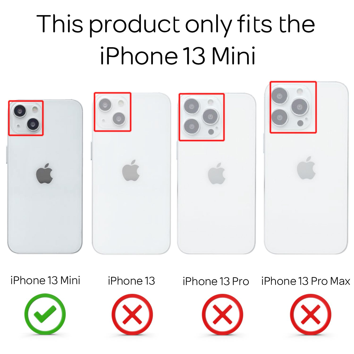 Quattro iPhone bianchi. Solo l'iPhone 13 Mini è compatibile con il prodotto.