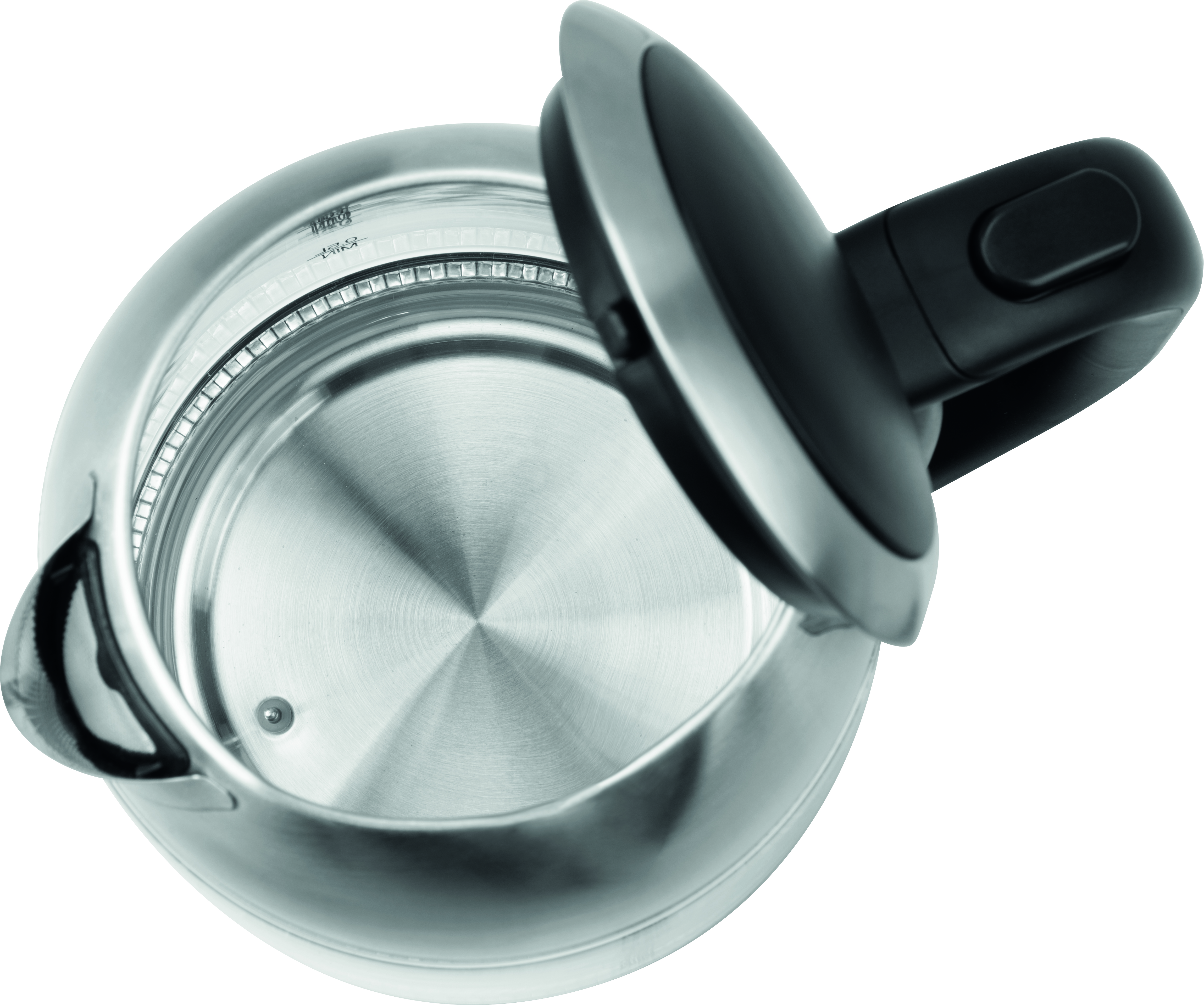 Srebrny czajnik elektryczny, widok z góry, pokrywa częściowo otwarta. Wnętrze jest widoczne.