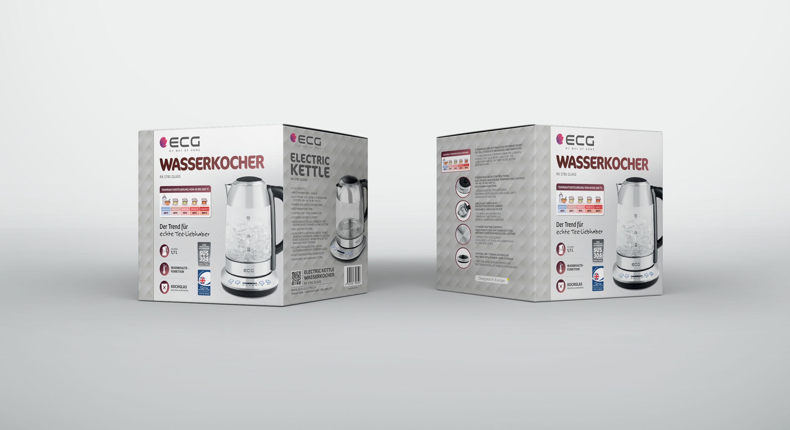 ECG RK 1781 Temperatureinstellung Warmhaltefunktion stainless Wasserkocher | heater, rostfreie | | | Glass Water 