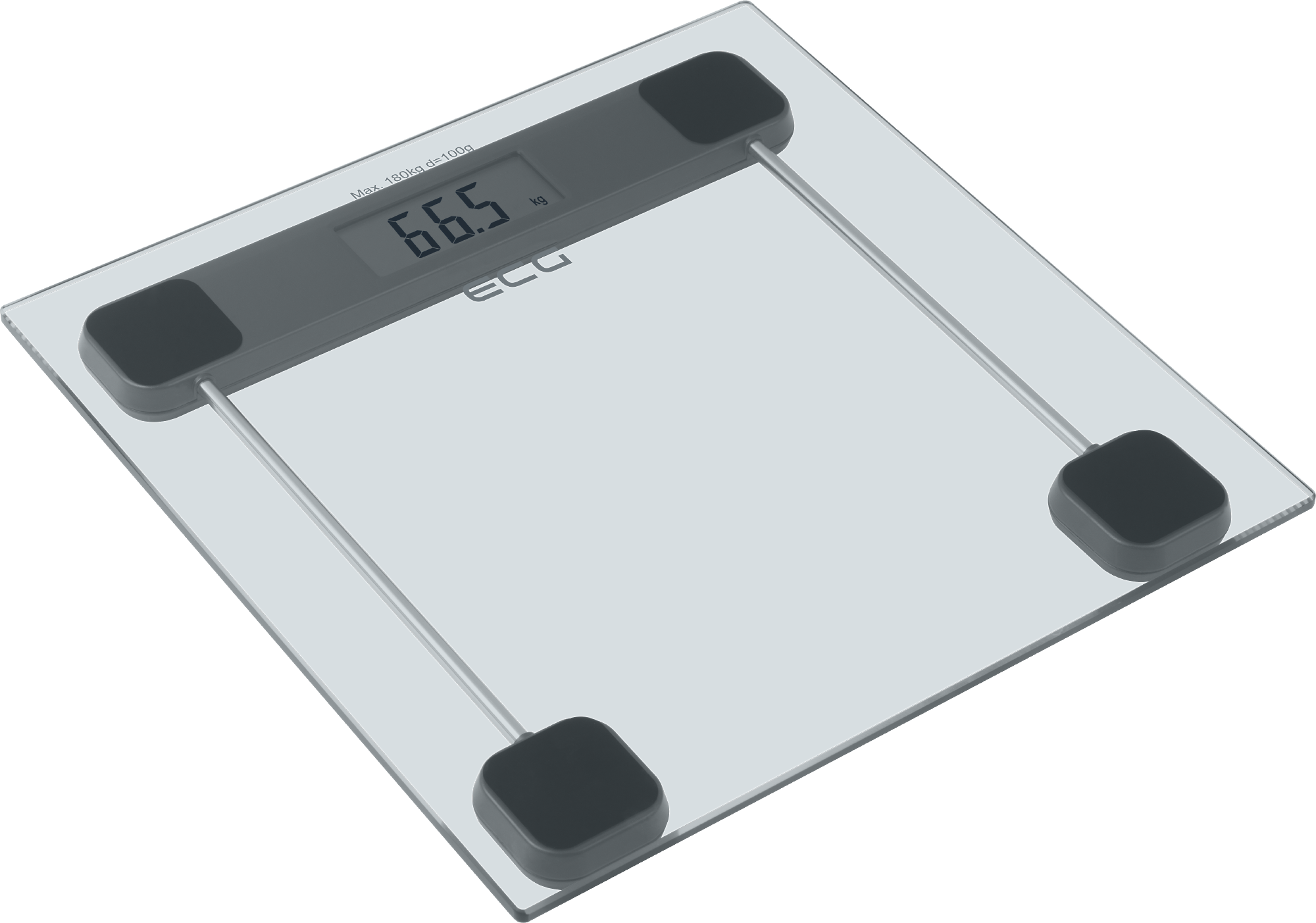 Eine Digitalwaage, die 66,5 anzeigt, auf grauer Oberfläche, quadratisches Design, schwarze Ecken.