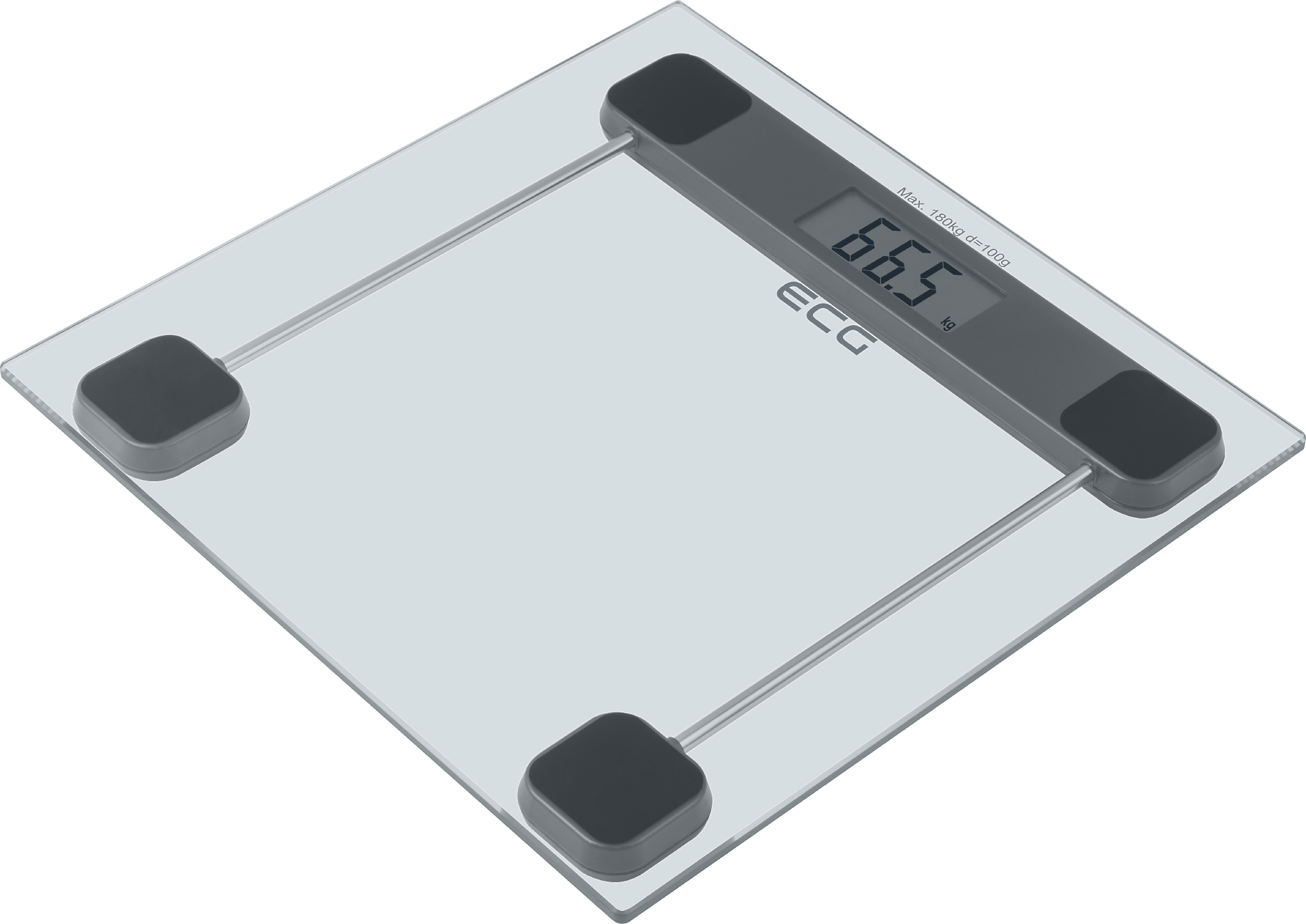 Digitale Waage mit 66,5 kg, blaue Oberfläche, auf grauem Hintergrund.