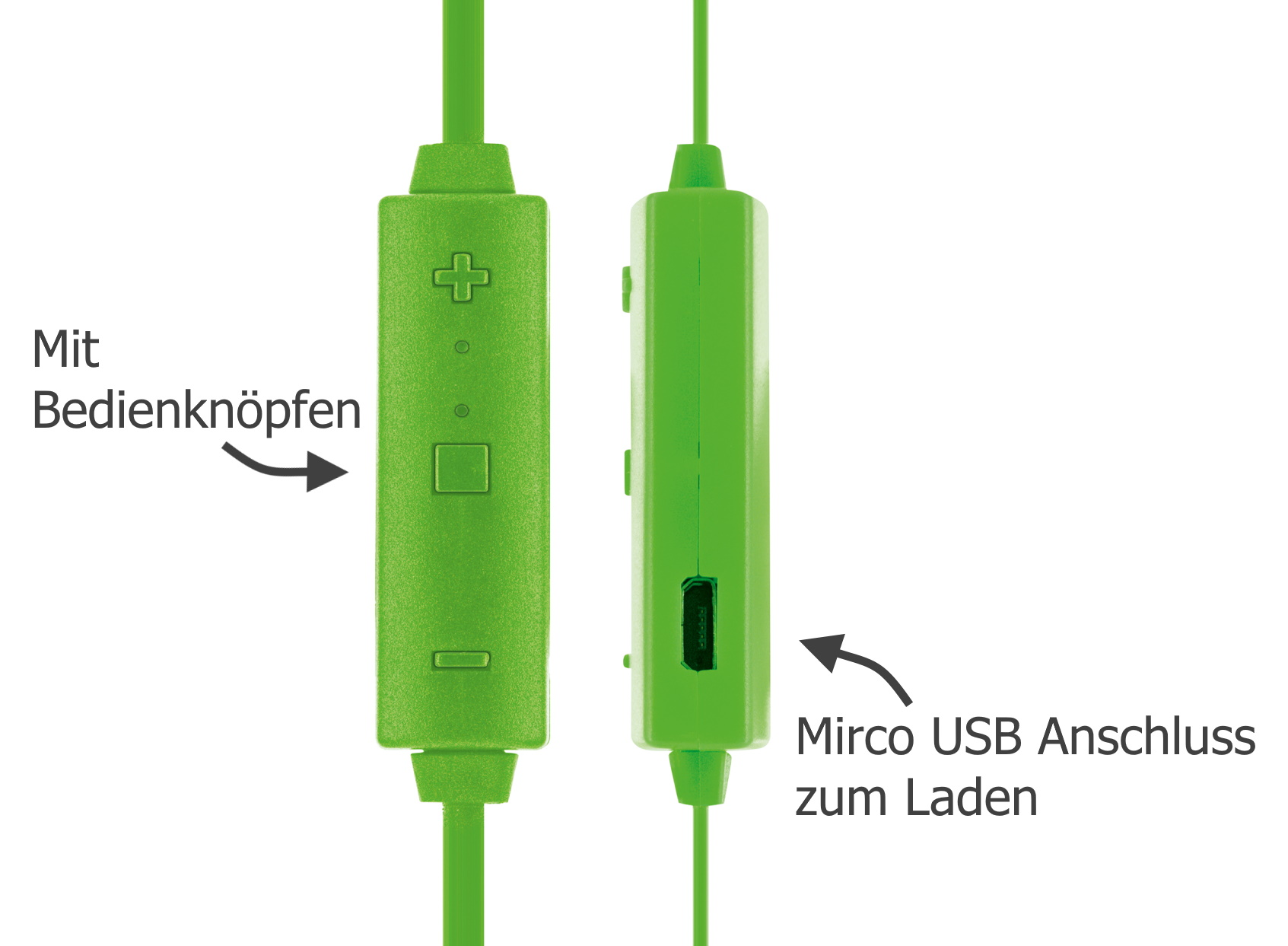 Grüne Kopfhörer-Bedienelemente mit Pfeilen auf Tasten und USB-Anschluss.