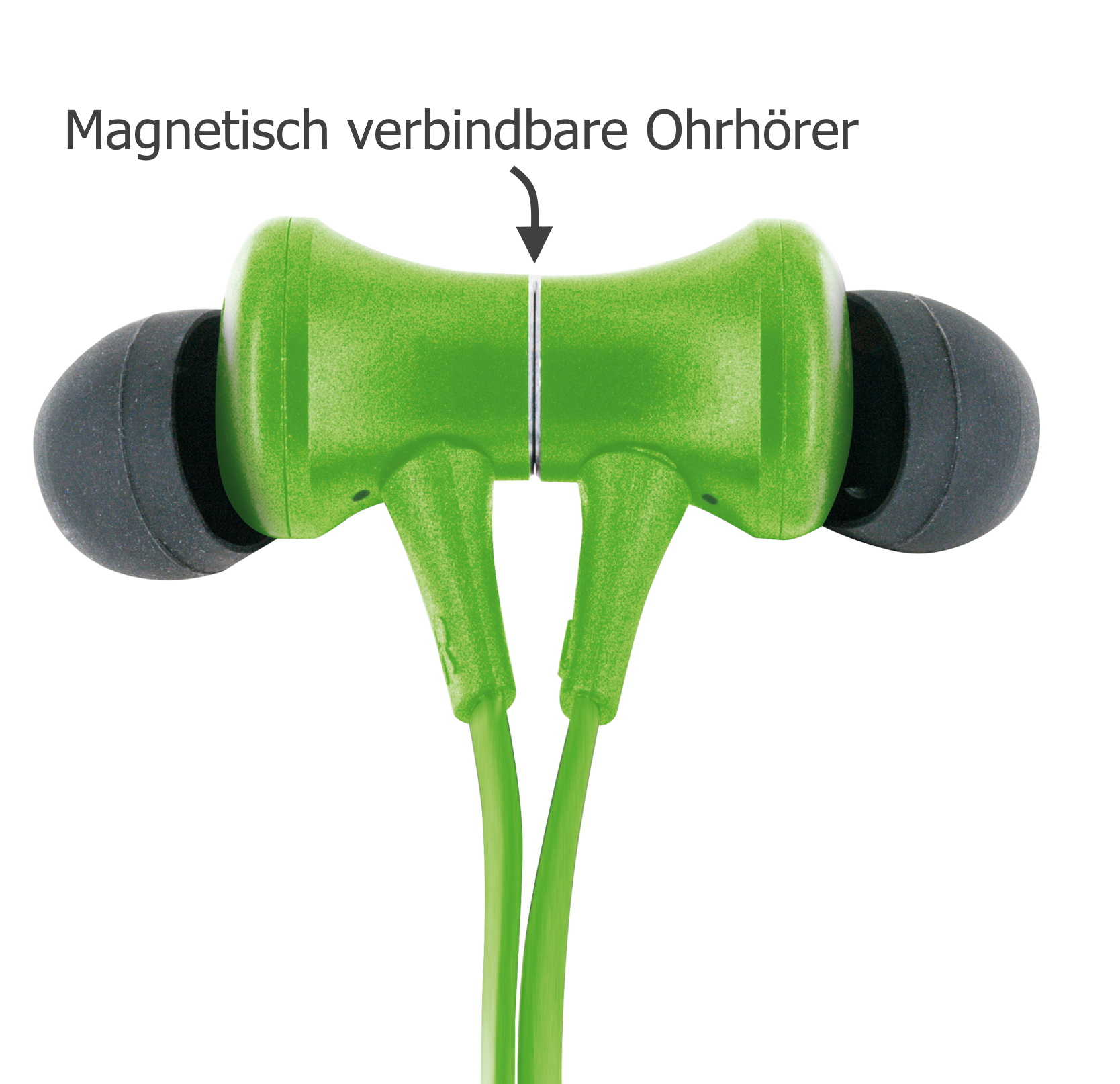 Grüne Kopfhörer, verbunden durch ein grünes Kabel. Die Kopfhörer verbinden sich magnetisch. Weißer Hintergrund.