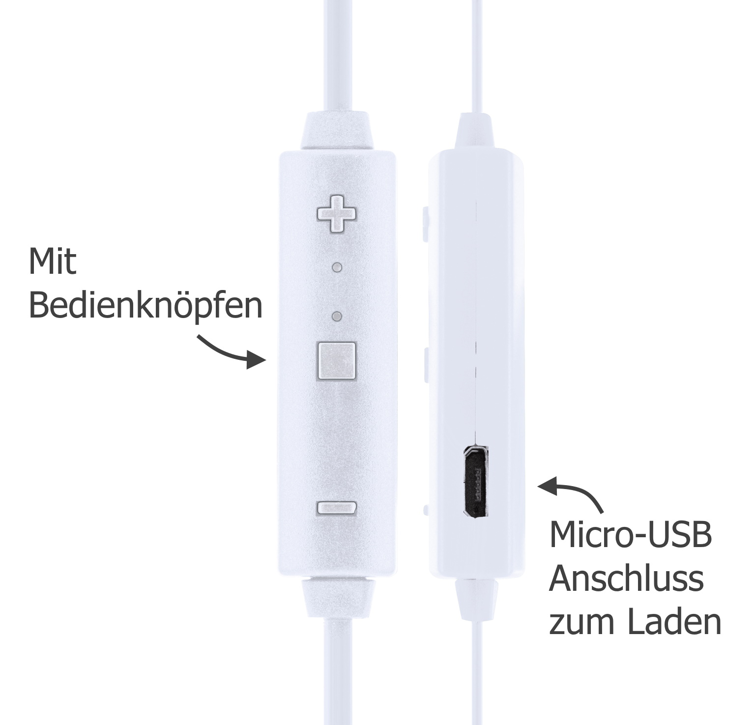 Weiße Kopfhörer mit Steuertasten und einem Micro-USB-Anschluss.