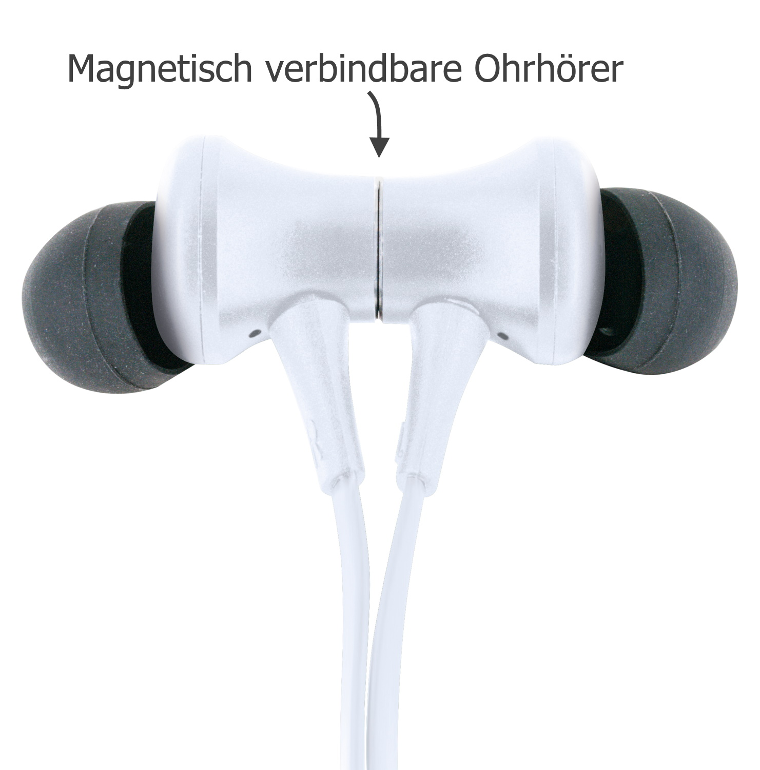 Nahaufnahme von weißen Ohrhörern. Text darüber lautet 'Magnetisch verbindbare Ohrhörer'.