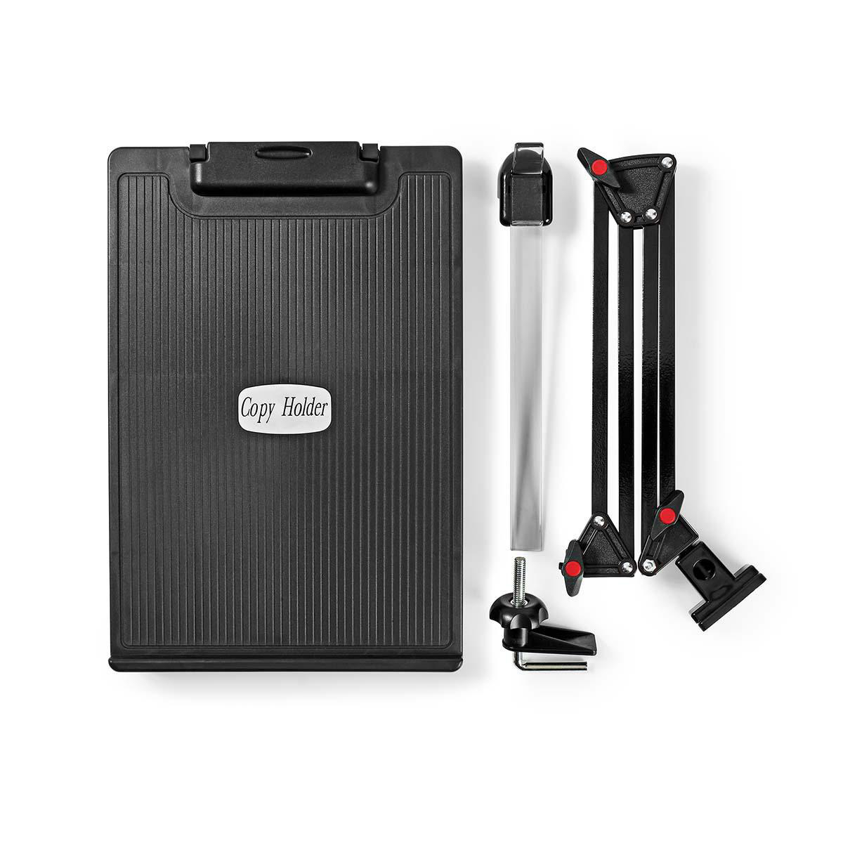 Black copy holder with parts for assembly, including a stand and screw.