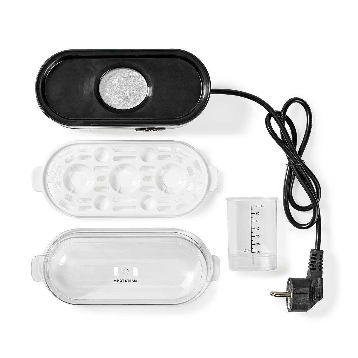 Jajowar, biało-czarny, z przezroczystą pokrywą i miarką, elementy na białej powierzchni.