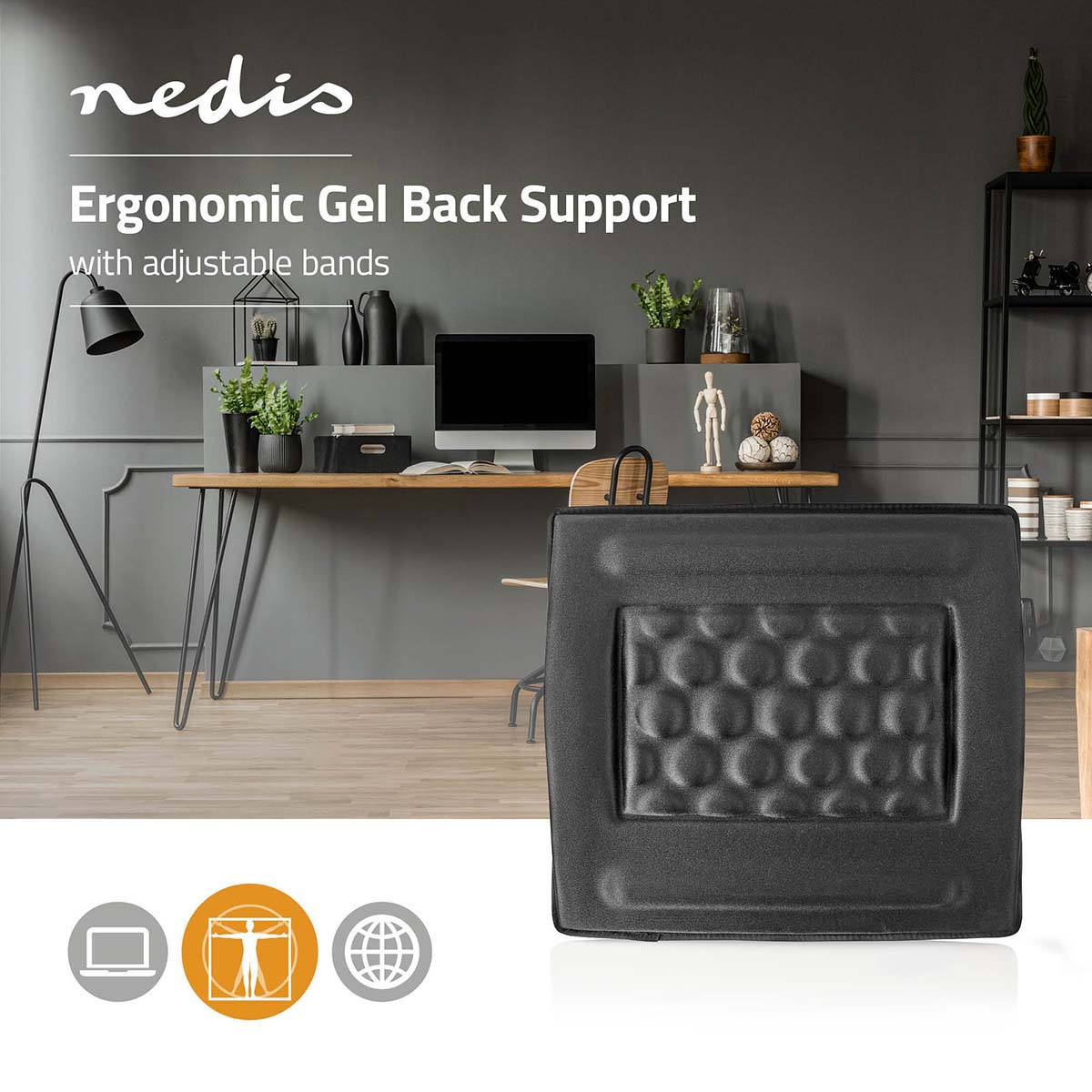 Schwarze ergonomische Gel-Rückenstütze auf einem Schreibtisch. Schreibtisch vor grauer Wand.