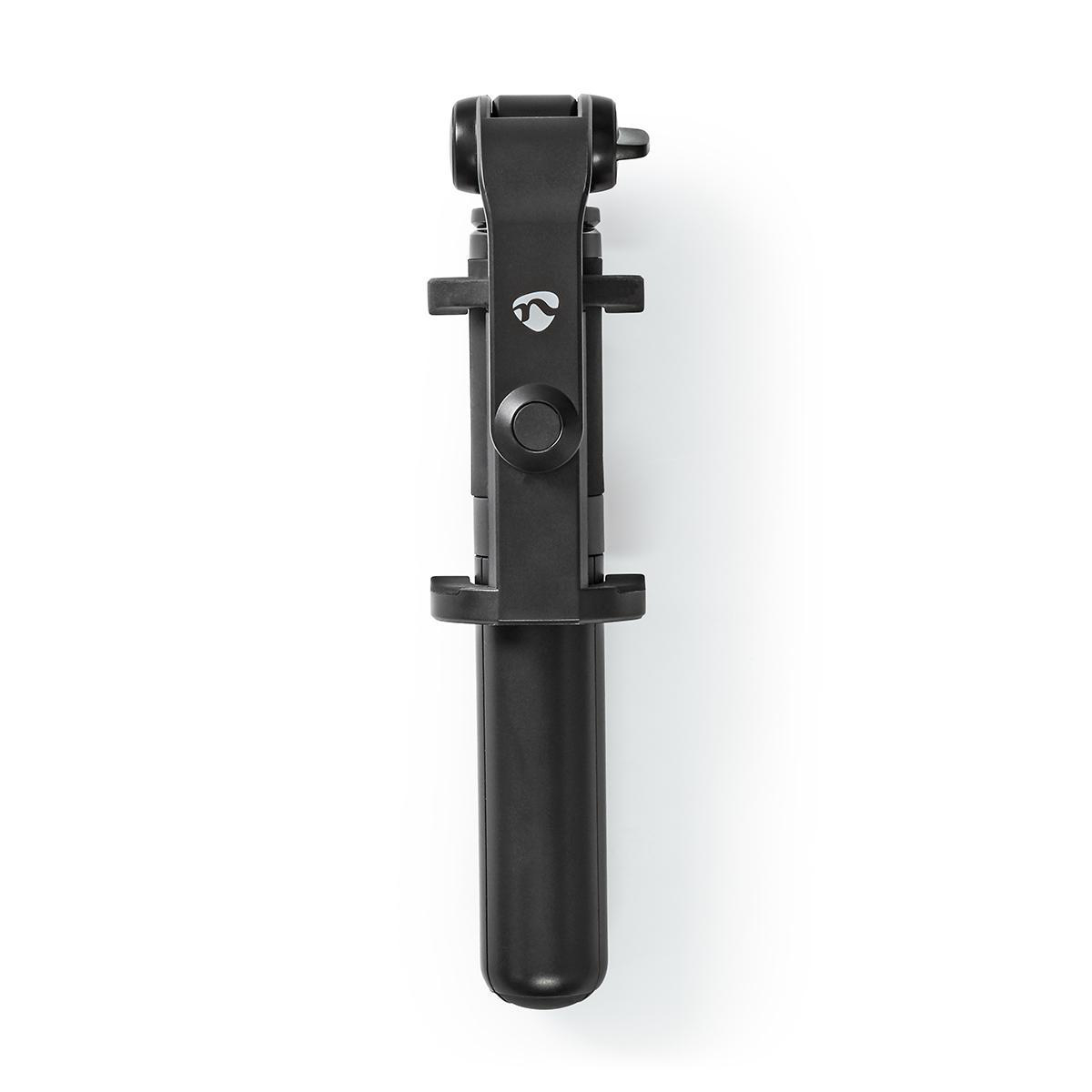Schwarzer Selfie-Stick, vollständig ausgezogen, Draufsicht, mit Telefonhalter oben.