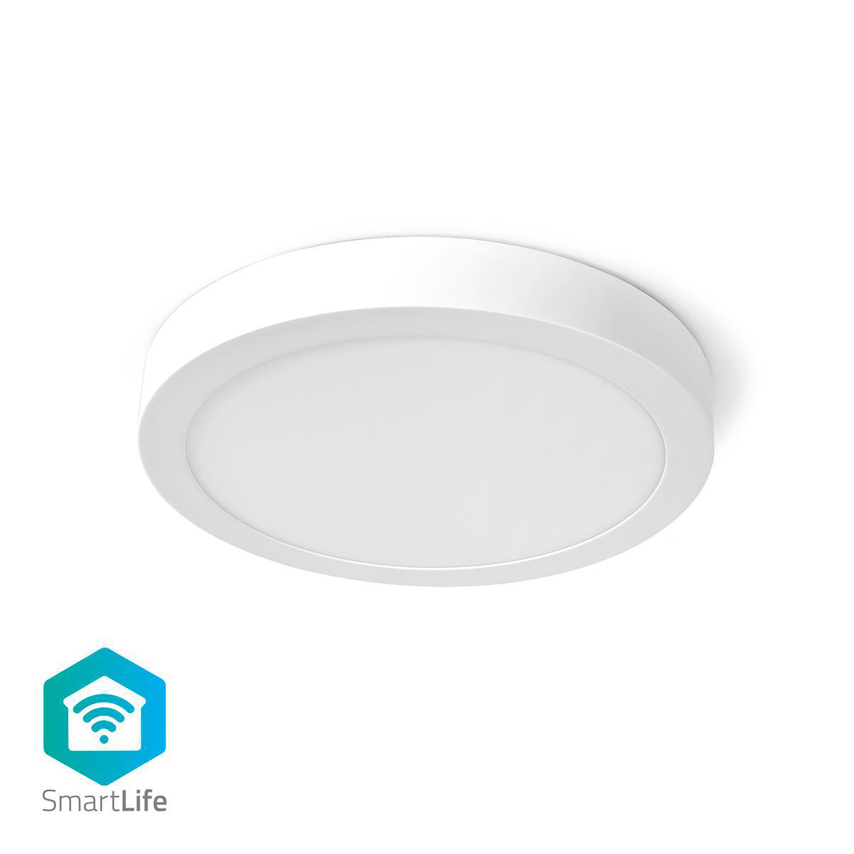 Una luce intelligente bianca, rotonda, montata a soffitto con logo SmartLife. È illuminata e circolare.