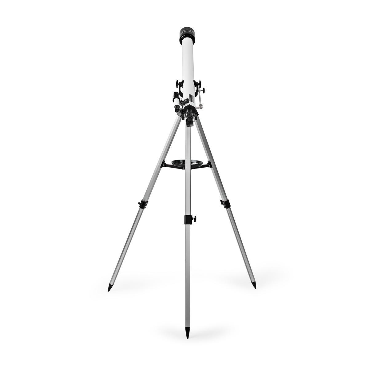 Un telescopio bianco su un treppiede. Lo sfondo è bianco. Il telescopio è puntato verso l'alto.