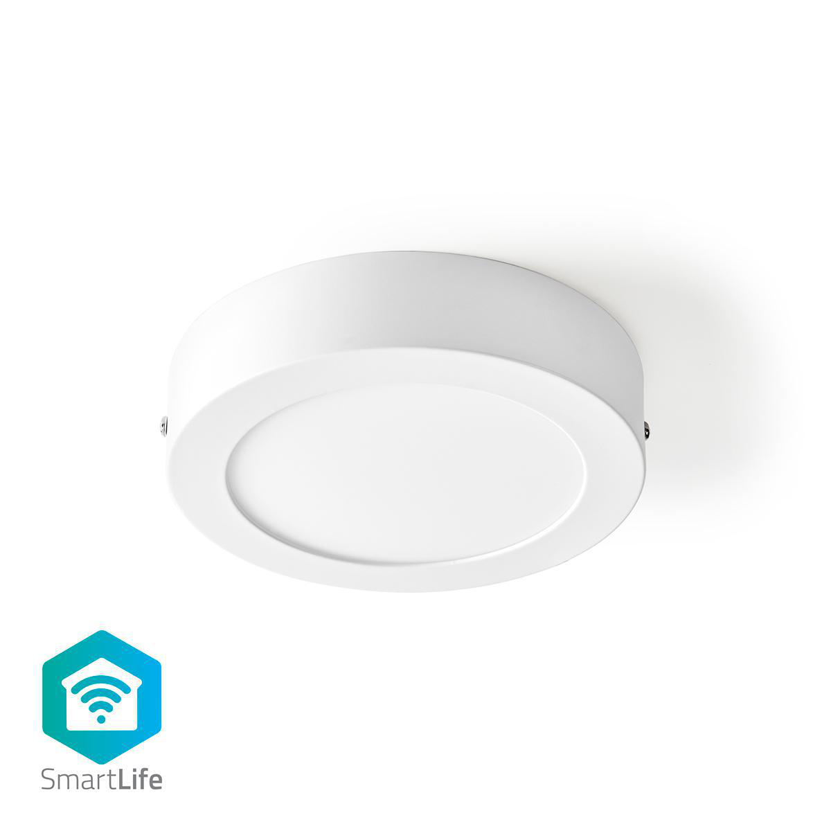 Luce da soffitto rotonda bianca. È montata su un soffitto bianco, con il logo SmartLife nell'angolo.