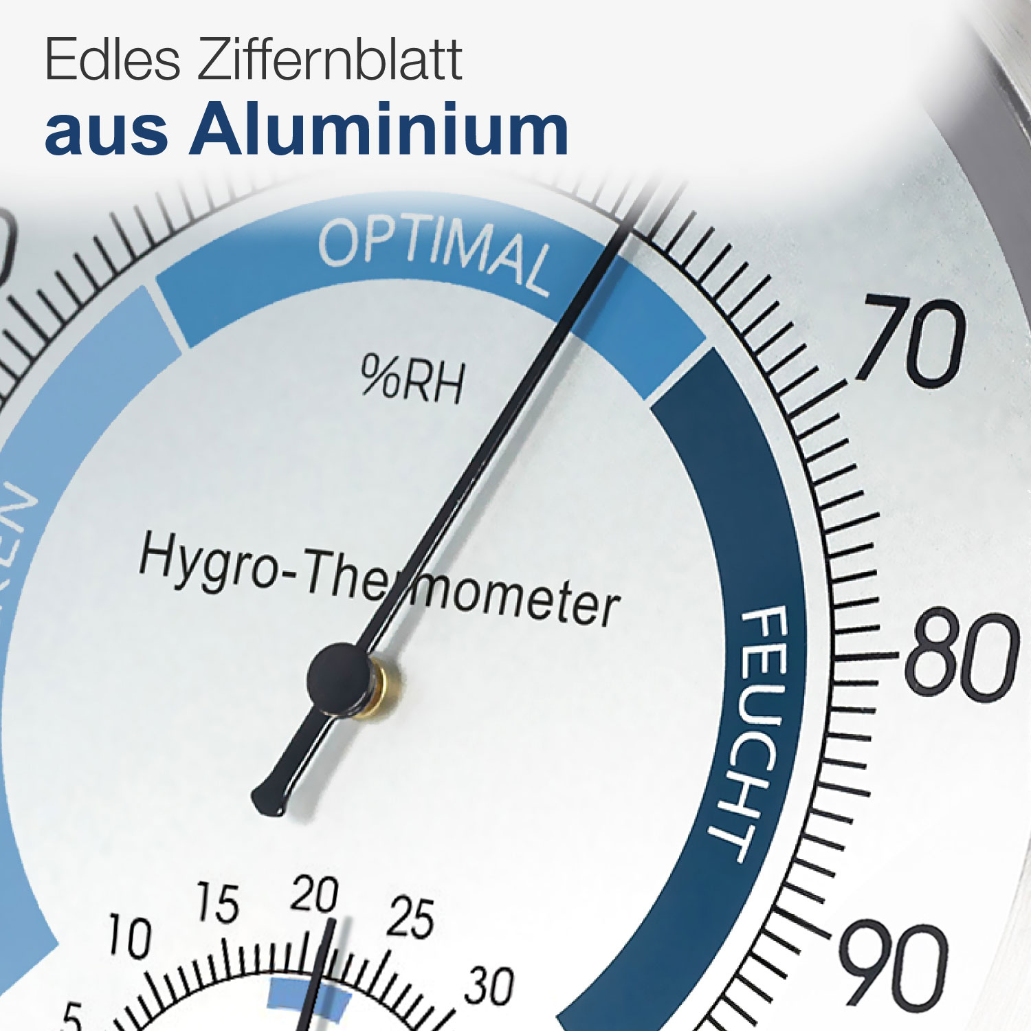 Ein Hygrometer mit blauem Zifferblatt, Nadel auf 20%, und dem Wort 'Optimal'.