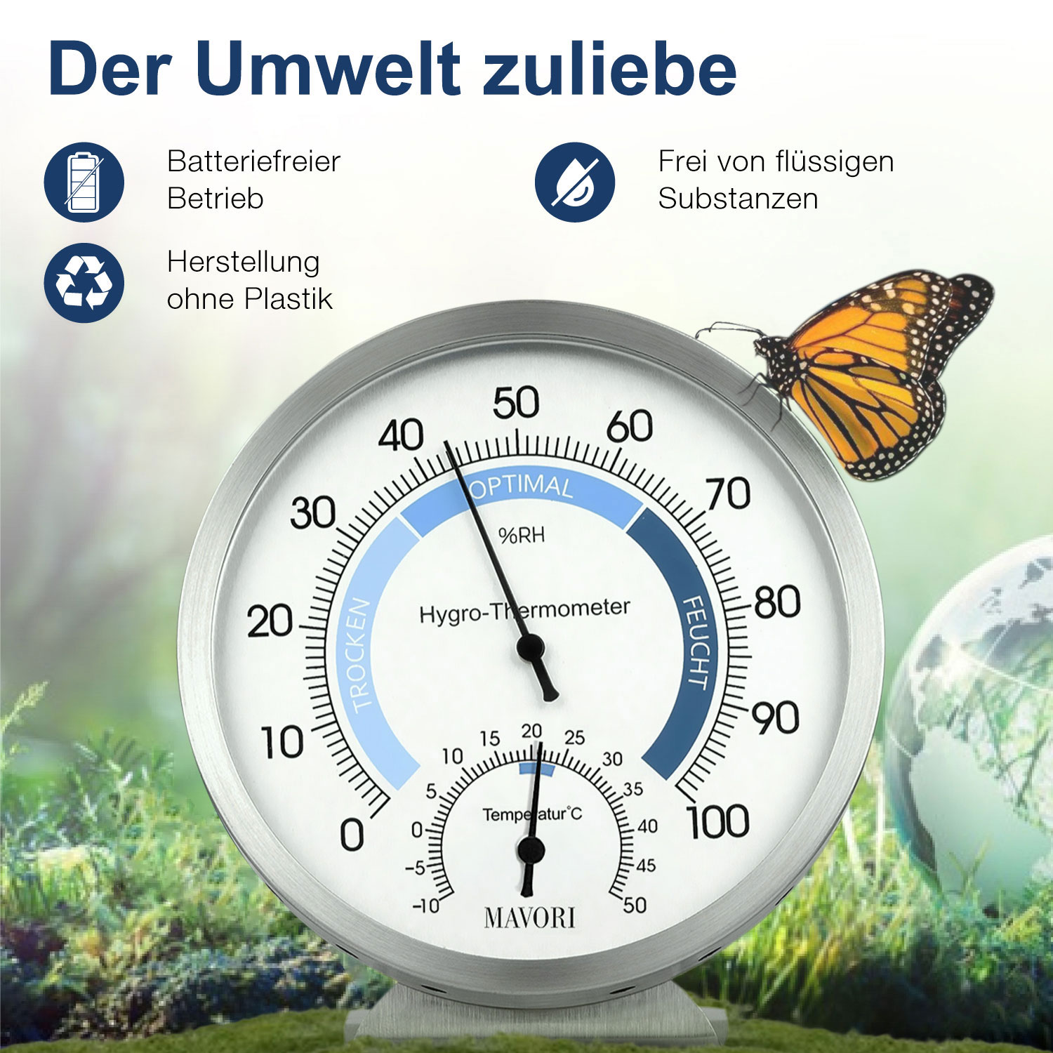 Hygro-Thermometer mit %RH-Zifferblatt. Schmetterling und Umwelt-Icons im Hintergrund.