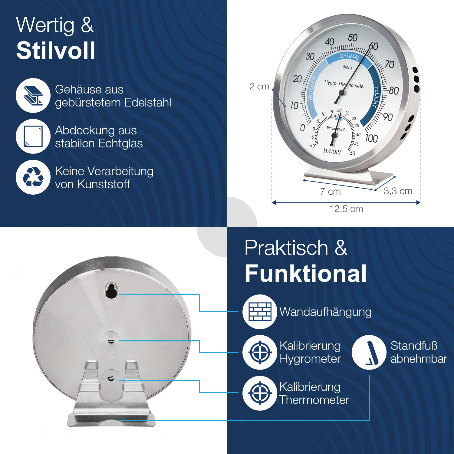 Ein kreisförmiges Hygrometer mit Thermometer und Wandhalterungsbeschreibung.