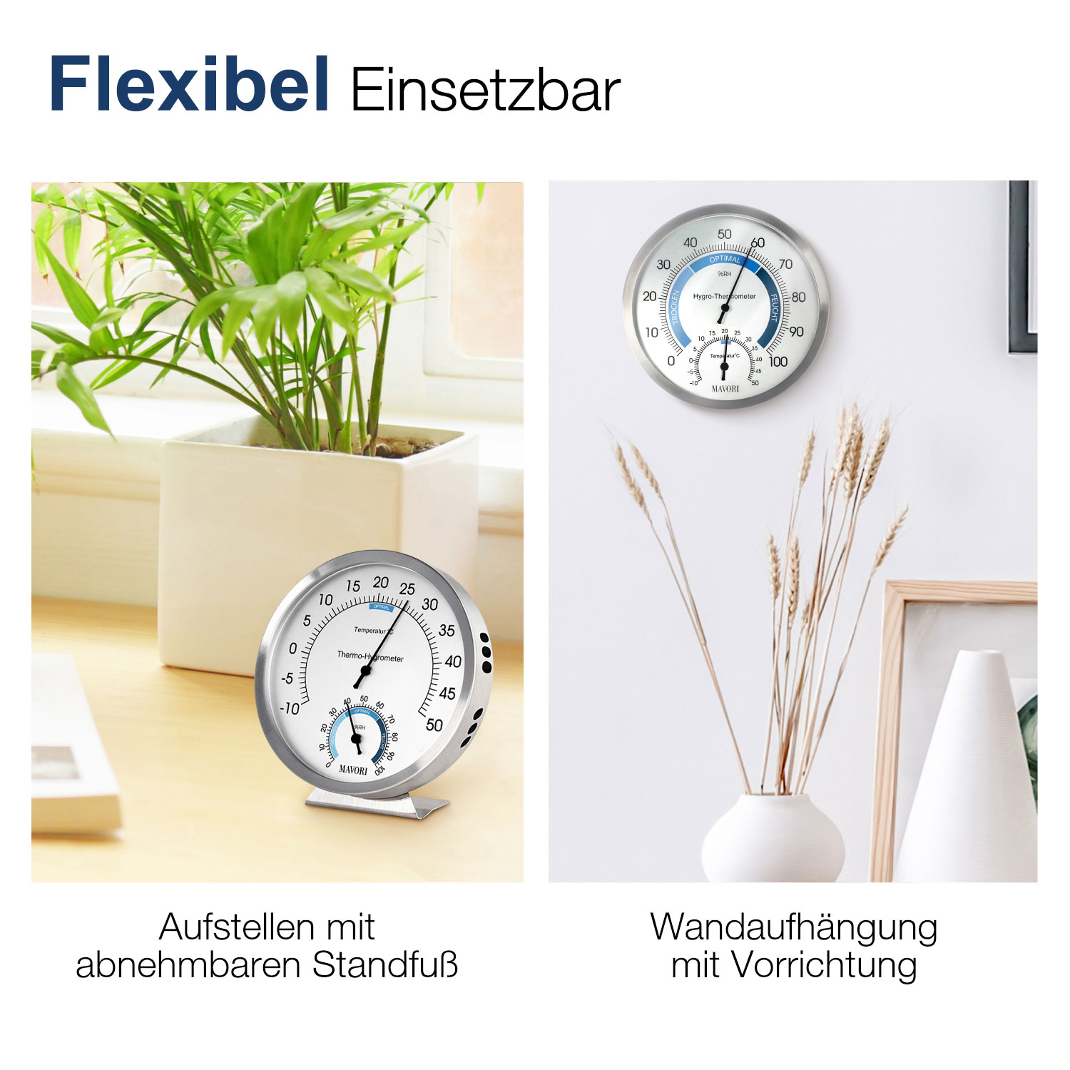 Zwei Bilder von Thermometern und Hygrometern, eines auf einem Tisch und eines an der Wand.