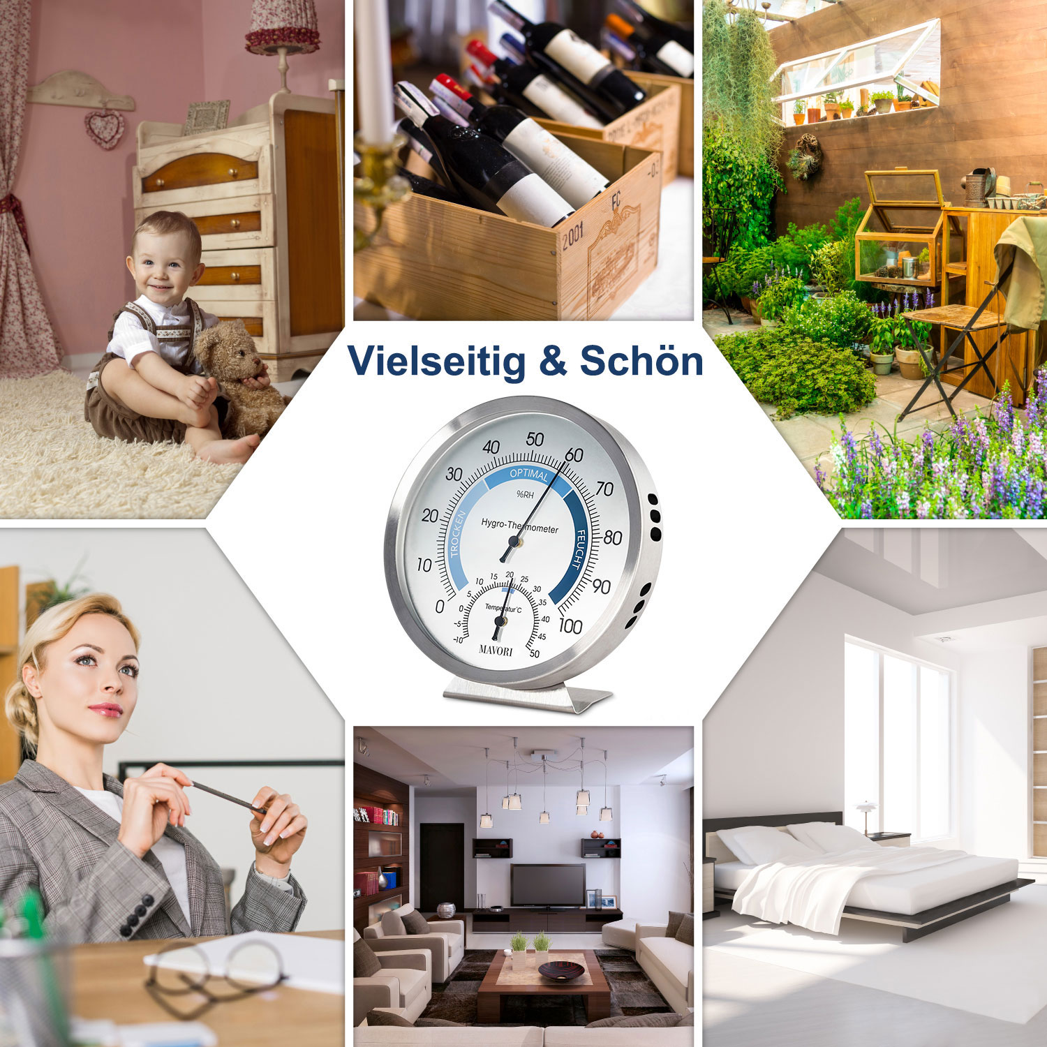Collage mit Baby, Weinflaschen, Garten, Thermometer, Frau und Wohnzimmer.