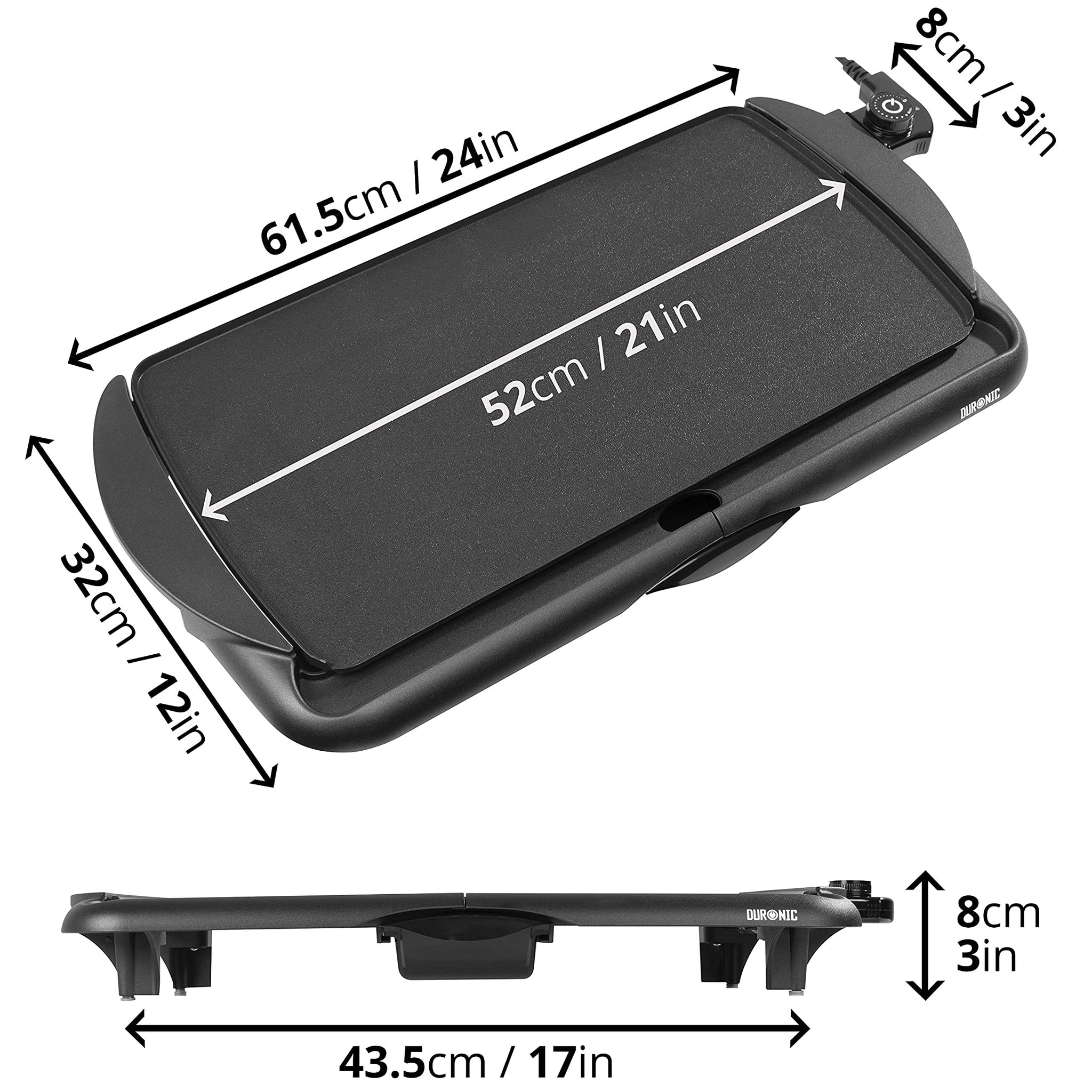 Schwarze elektrische Grillplatte mit Abmessungen in Zentimetern und Zoll.