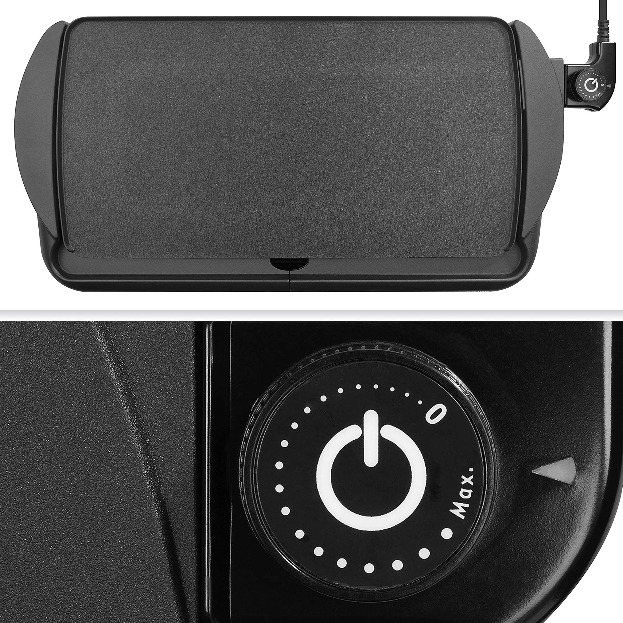 Schwarze elektrische Grillplatte mit Drehregler. Nahaufnahme des Drehreglers mit Ein/Aus-Symbol.