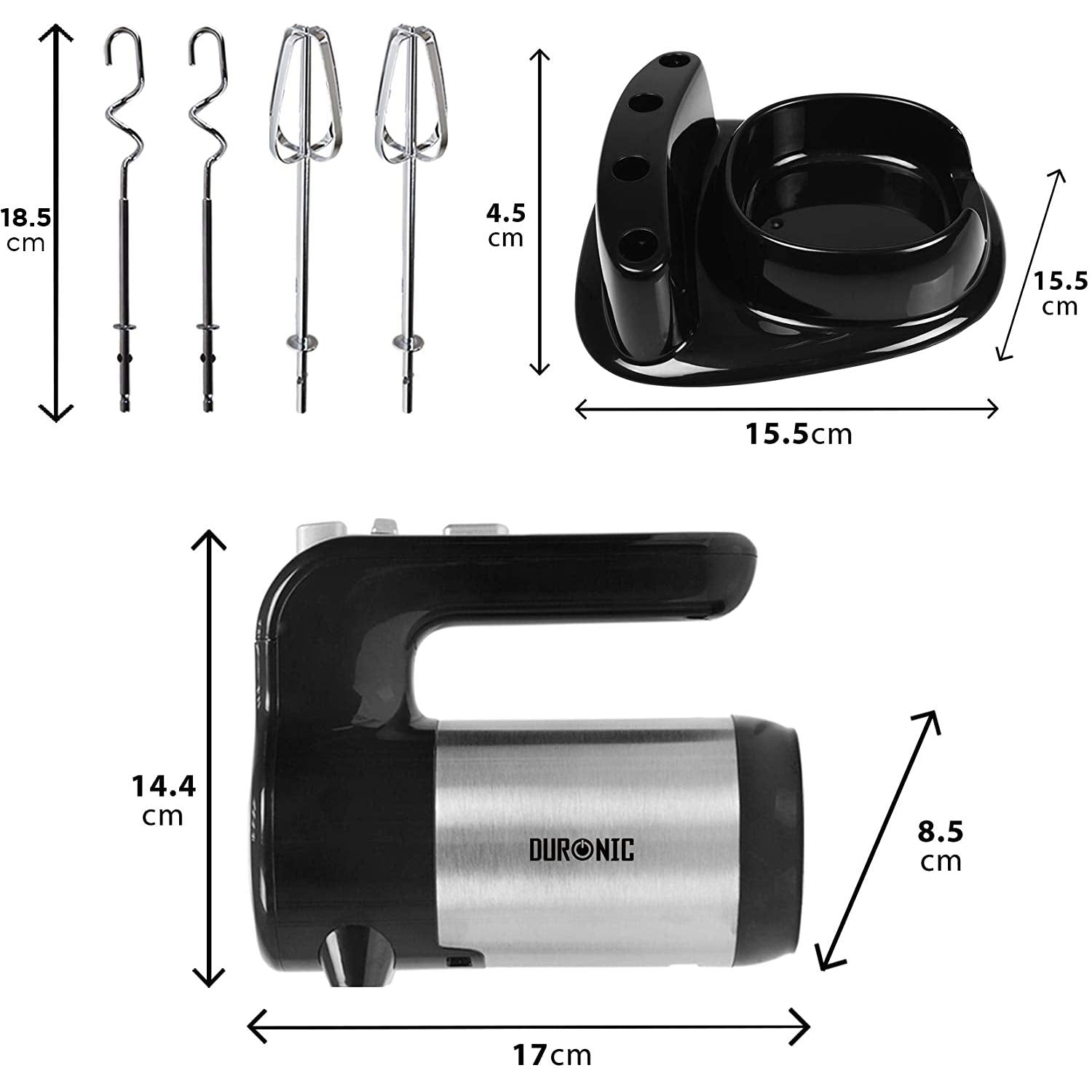 Ein schwarzer und silberner Handmixer mit Zubehör und Abmessungen auf weißem Hintergrund.