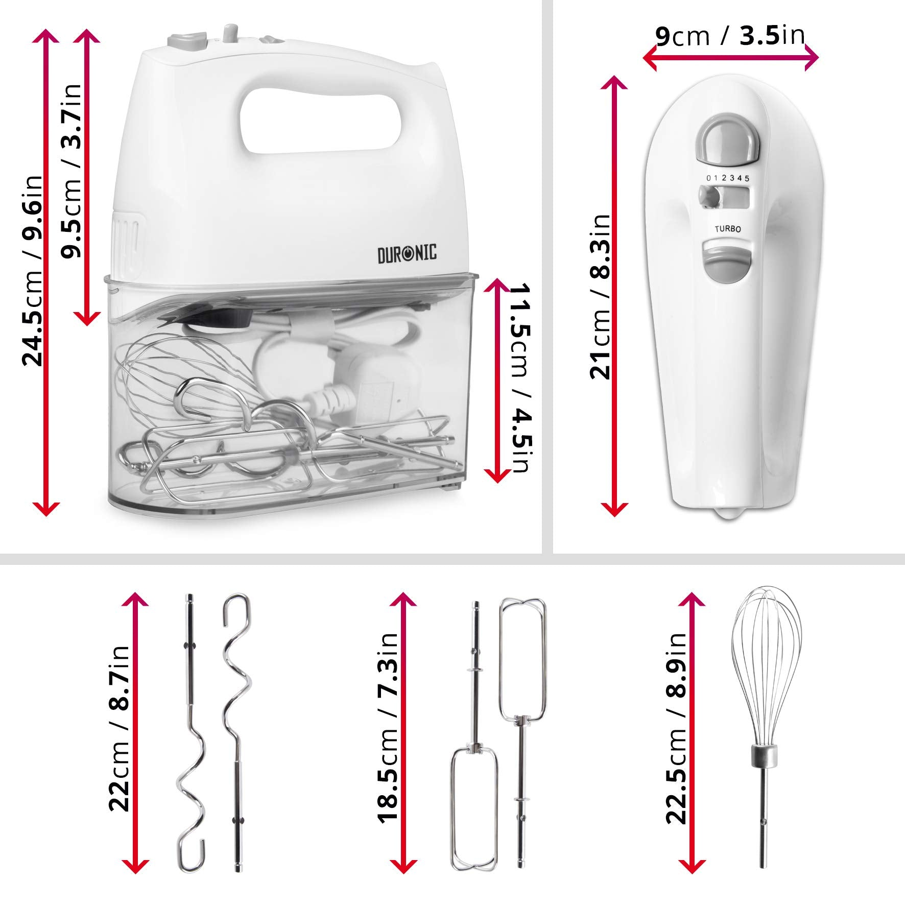 Weißer Handmixer mit Aufsätzen. Abmessungen sind im Bild dargestellt.