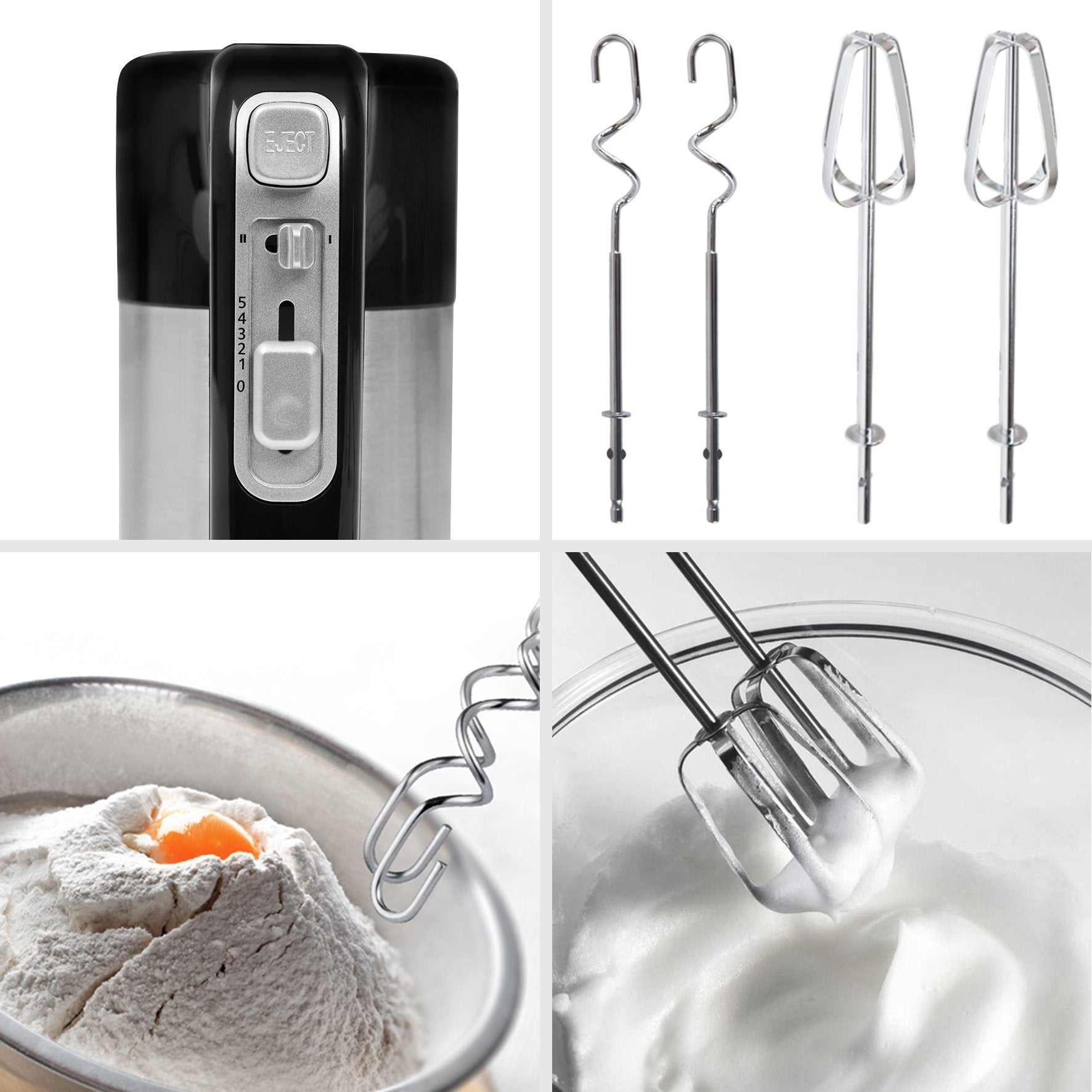 Mixerteile: obere Steuerung, Schneebesen und Schüssel mit Mehl und Eigelb.