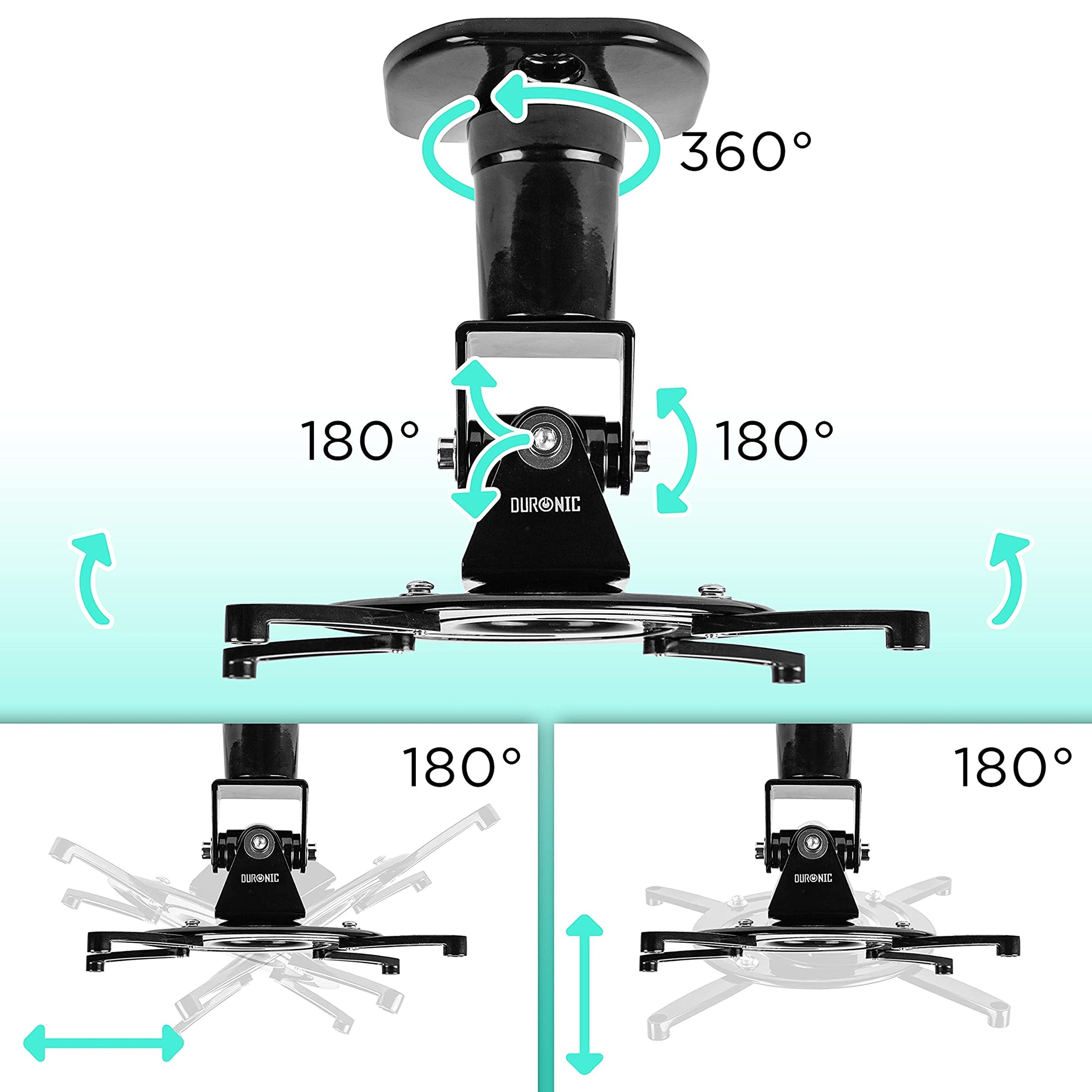 Soporte de proyector negro con flechas que muestran movimientos de 360 y 180 grados en diferentes direcciones.