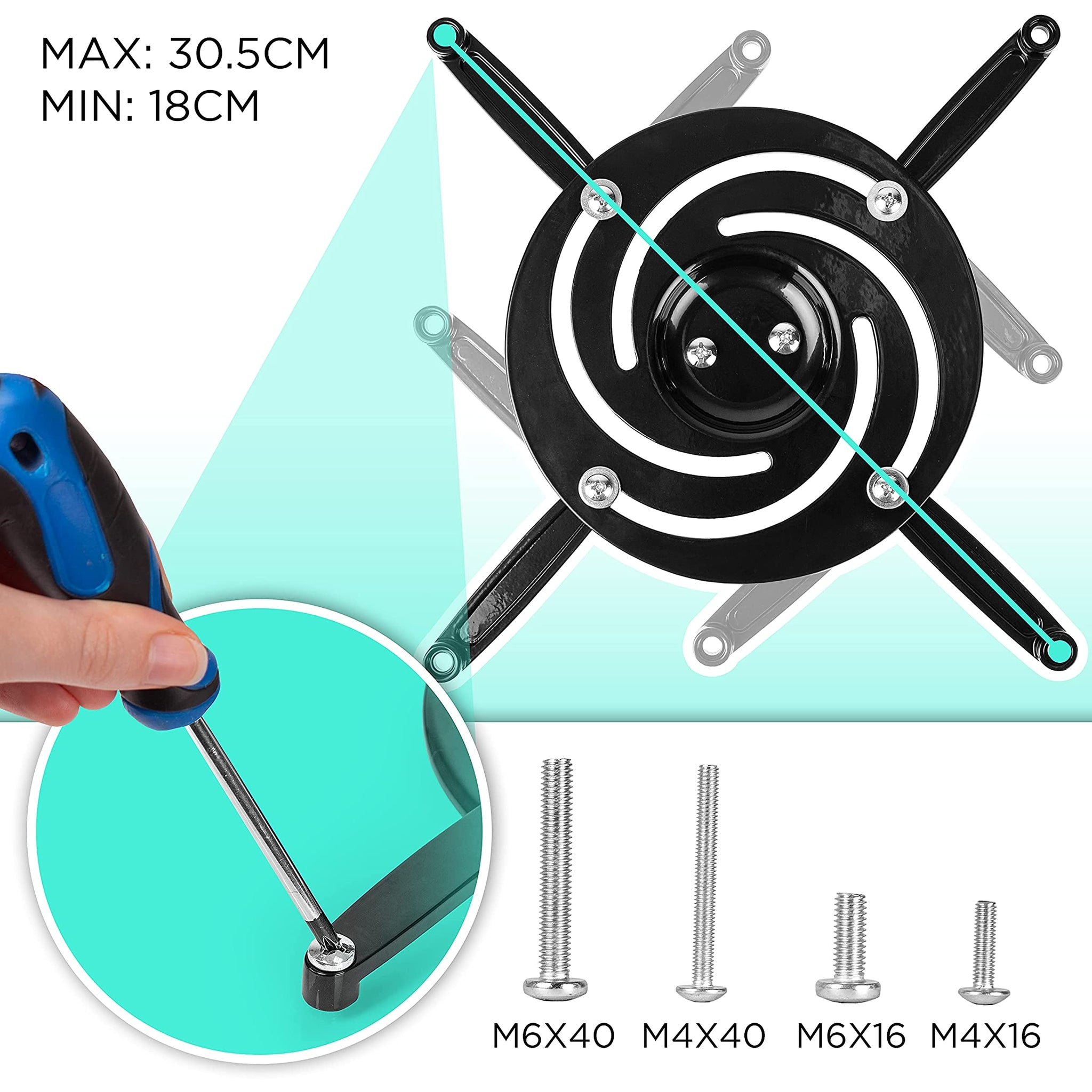 Un soporte de techo negro con destornillador y tornillos. Texto: MAX: 30.5CM MIN: 18CM.