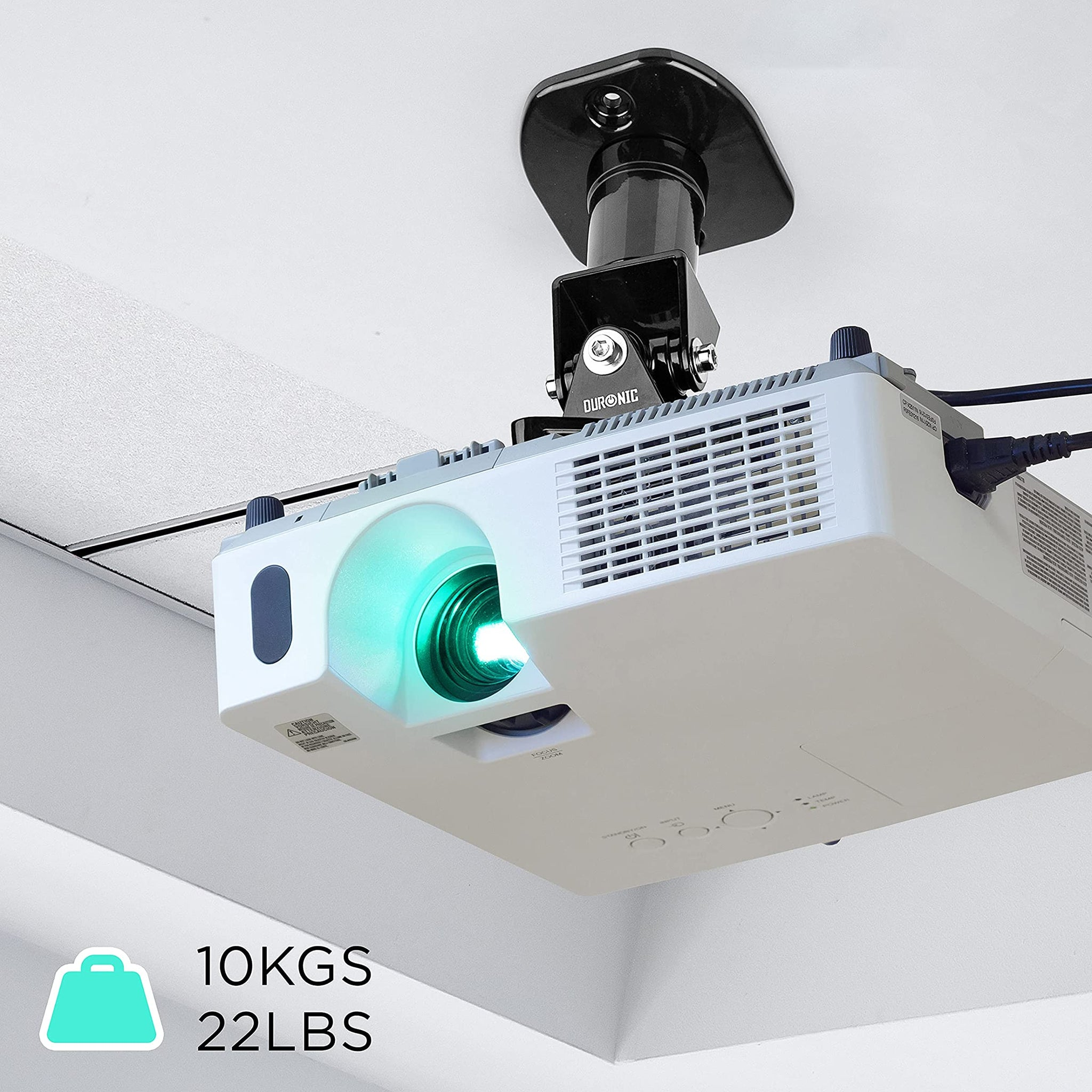 Proyector blanco colgando del techo. Texto e icono indican su peso: 10 kg/22 lbs.