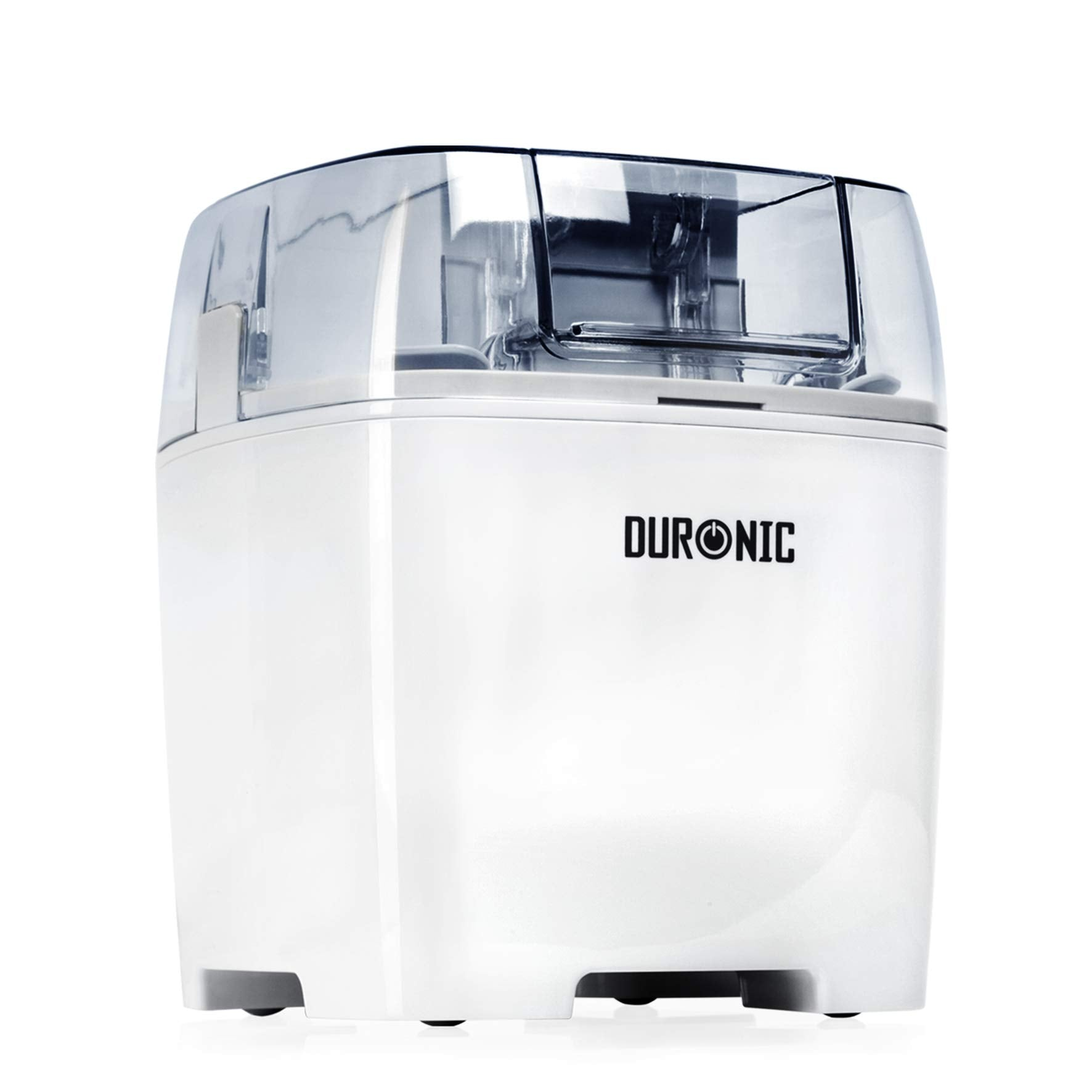 Eine weiße Eismaschine mit einem durchsichtigen Deckel. Der Markenname DURONIC ist aufgedruckt.
