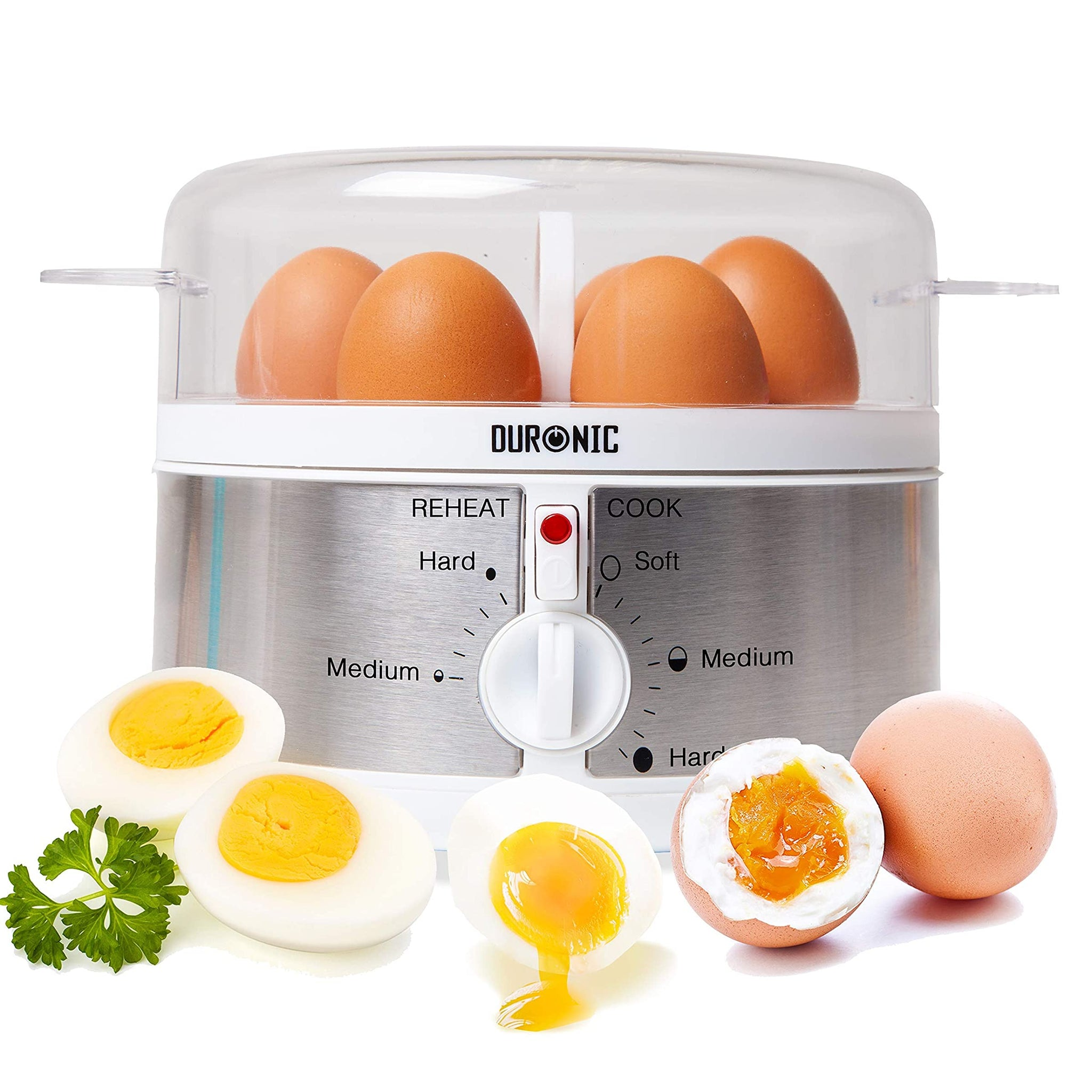 Hervidor de huevos - Duronic EB35 Hervidor cocedor –Hasta 7 Huevos –Con termostato y minutero –2 tipos de huevos a la vez DURONIC, Blanco