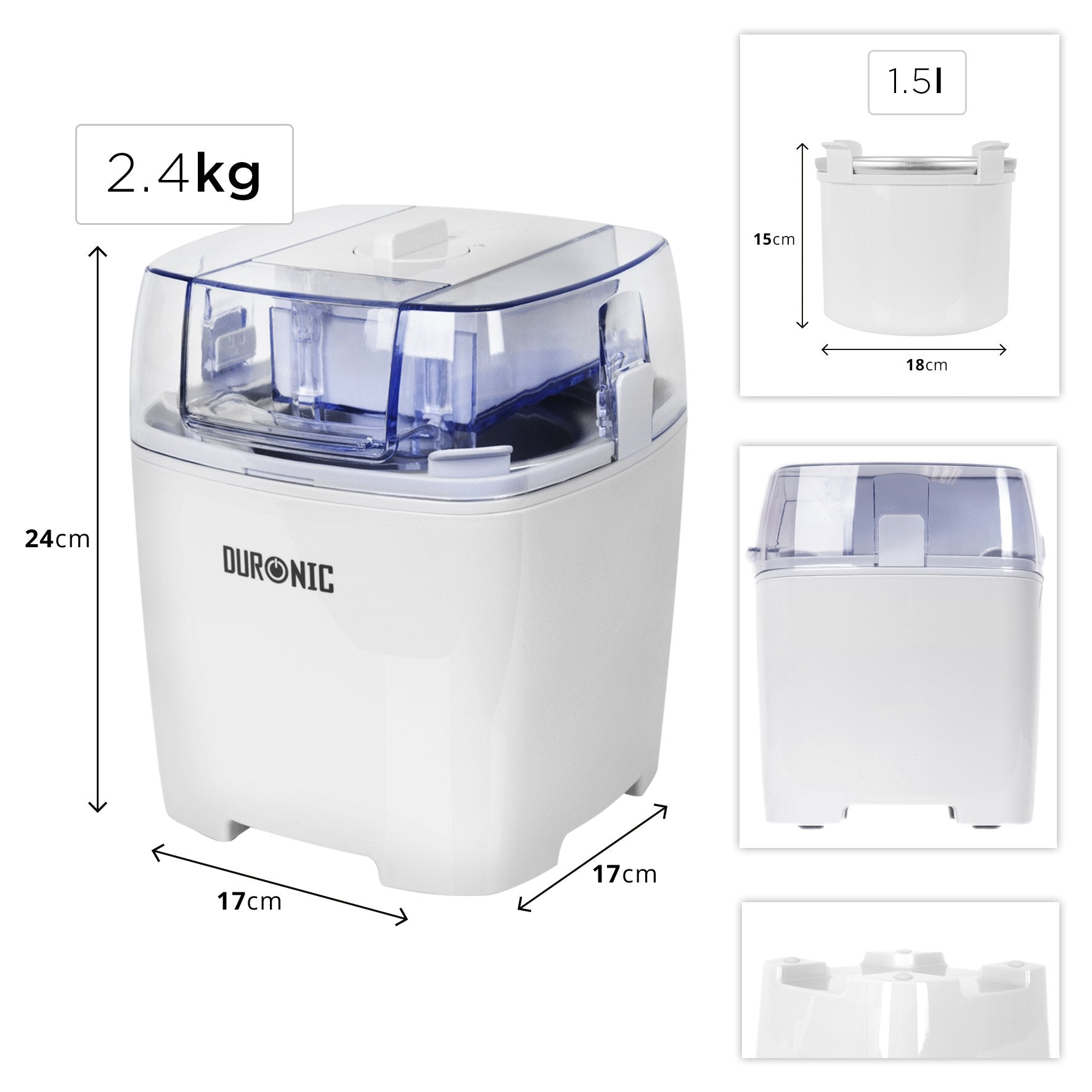 Weißer Eismaschine mit Abmessungen und Messungen. Zusätzliche Behälter werden gezeigt.