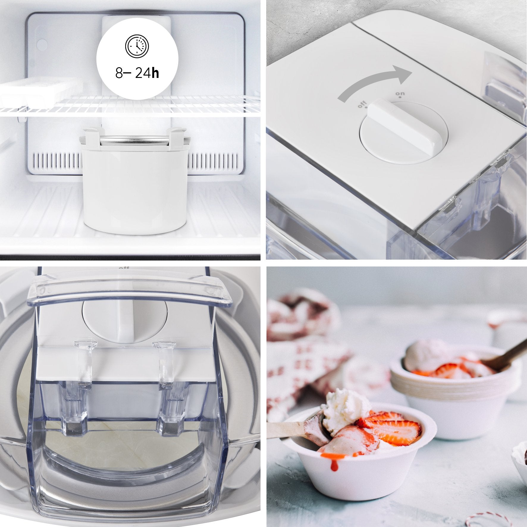 Eine Collage von Bildern, die das Innere eines Kühlschranks, einen Eisbereiter und Eiscreme mit Erdbeeren zeigen.