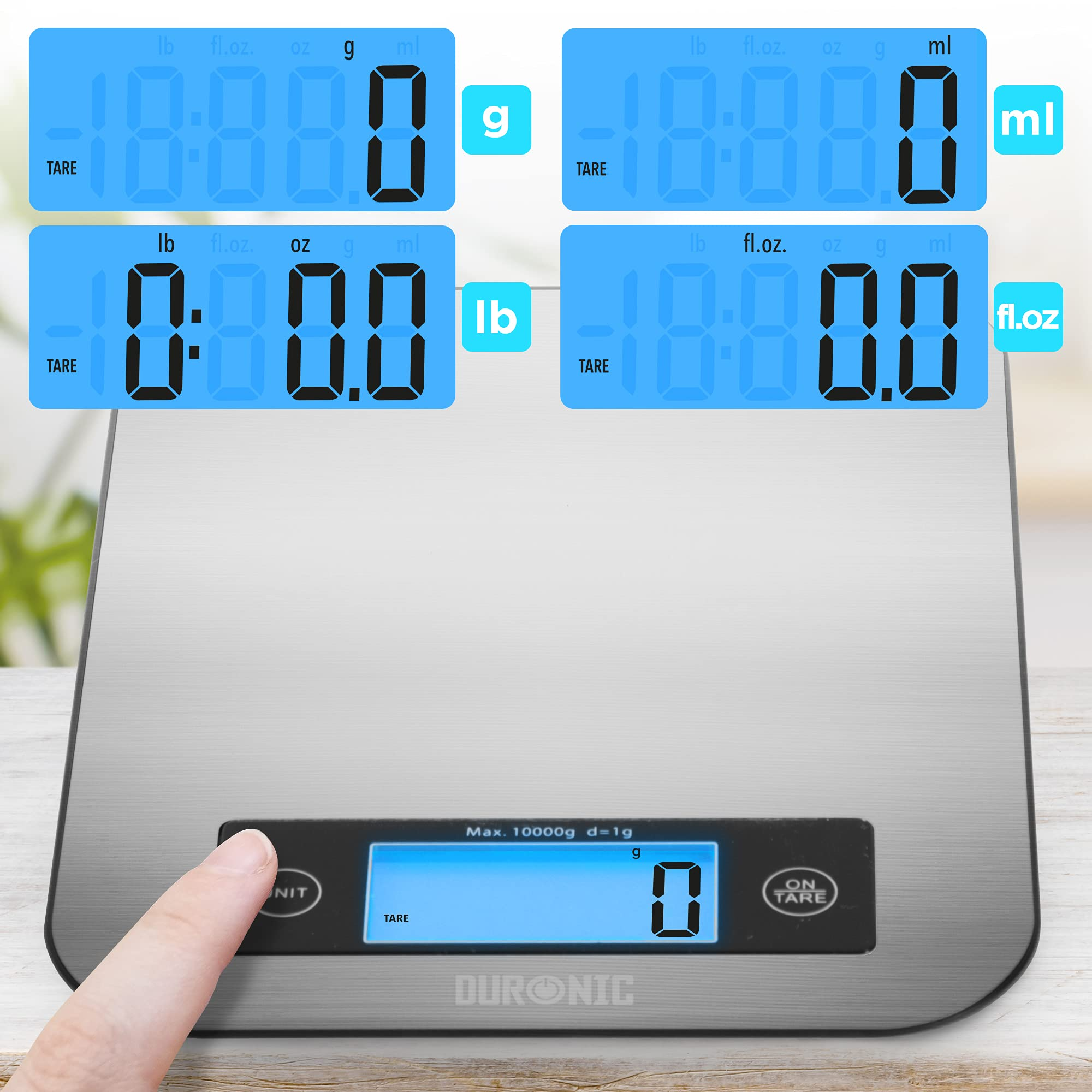 Digitale Küchenwaage mit verschiedenen Maßeinheiten. Eine Hand drückt die Einheitentaste.