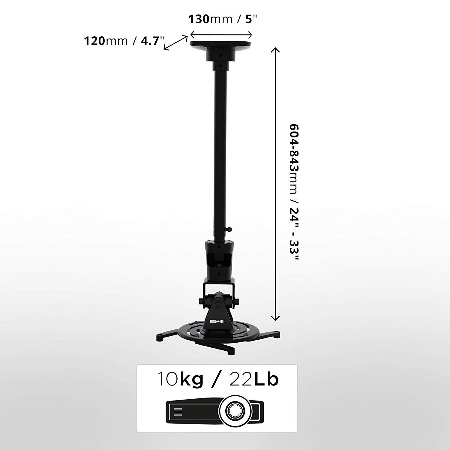 Un soporte para proyector con dimensiones e información de peso. El soporte es negro, con un icono de proyector.