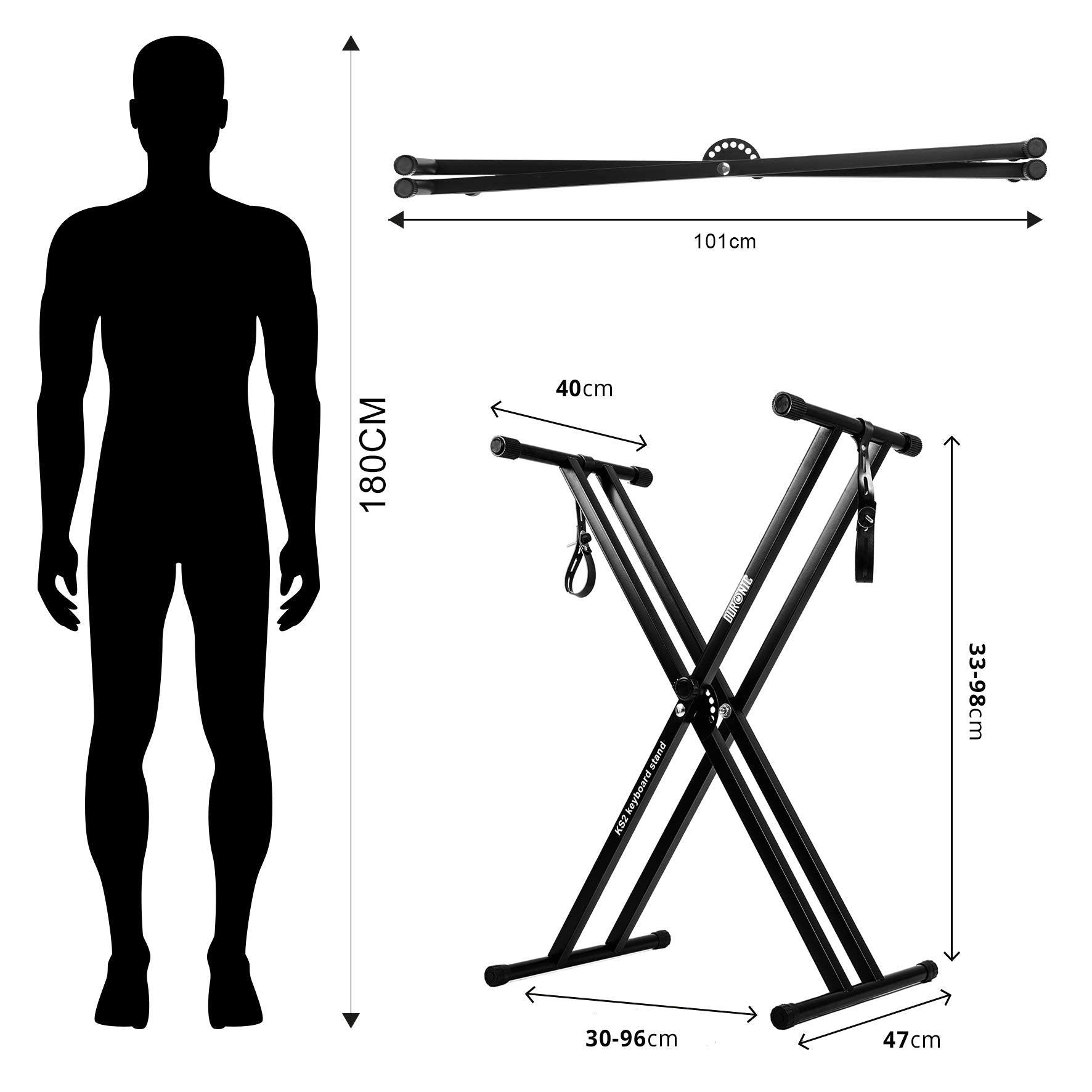 Un soporte para teclado negro con medidas y una silueta de una persona al lado.