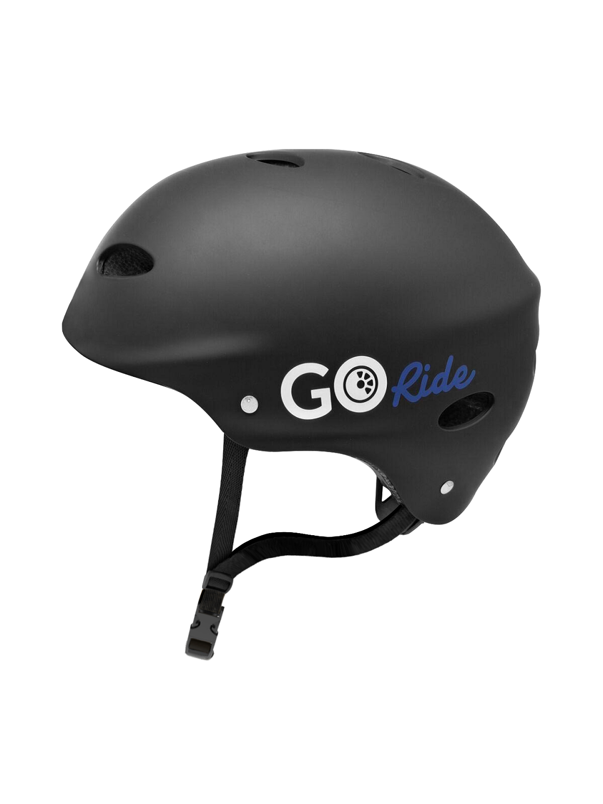 Casco Go Ride negro, logo blanco, texto azul, vista lateral, sobre fondo blanco.