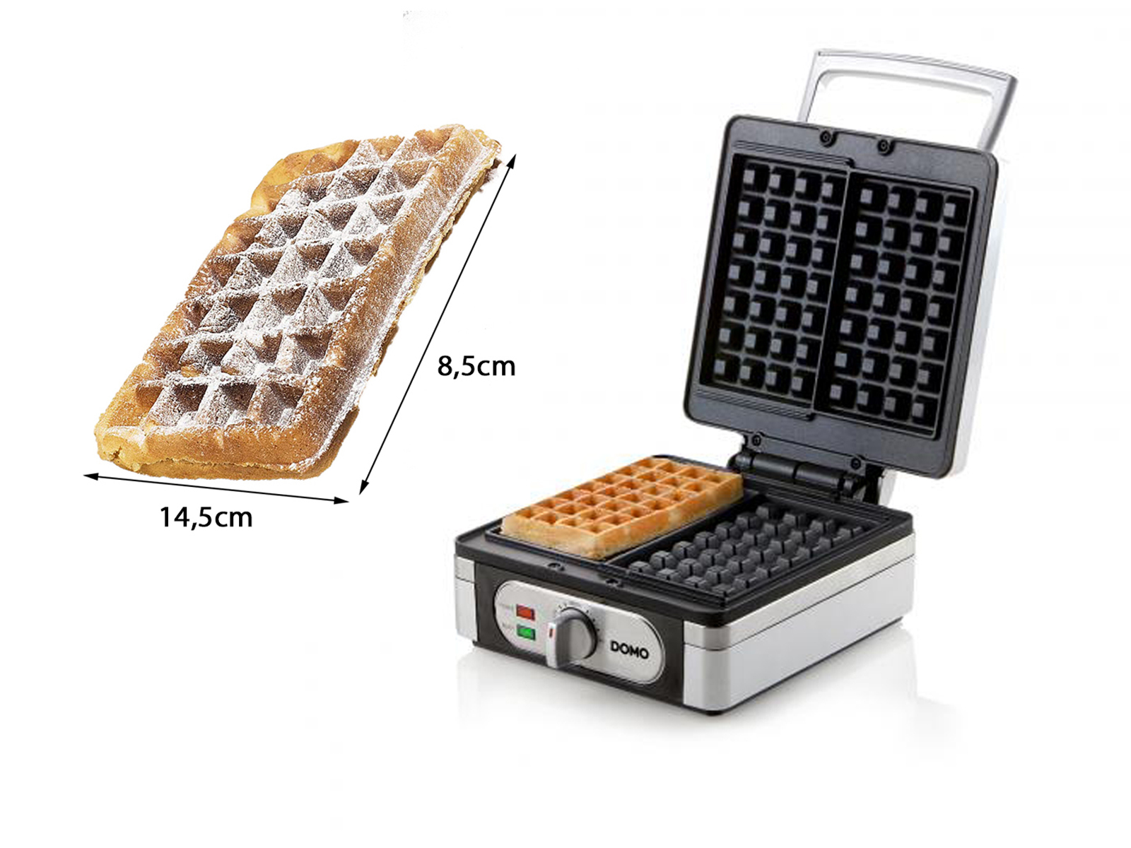 Waffel und Waffeleisen. Waffel ist rechteckig, mit Puderzucker. Maker ist offen, Waffel innen.