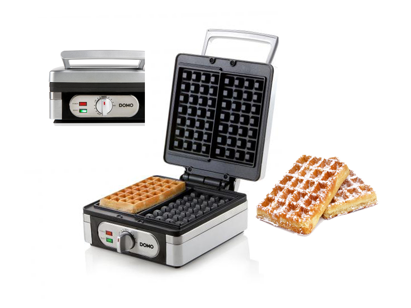 Ein Waffeleisen mit Waffeln darin und zwei Waffeln daneben. Das Bügeleisen ist schwarz und silber.