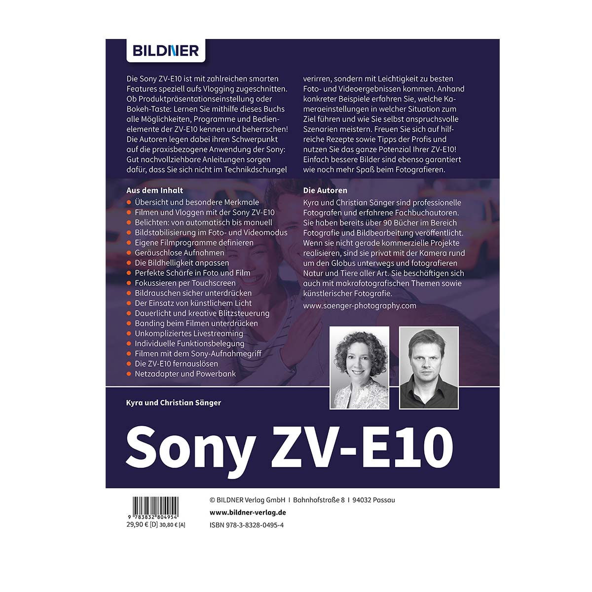 Ein Buchcover mit dem Titel 'Sony ZV-E10' mit Text über den Inhalt und die Autoren.