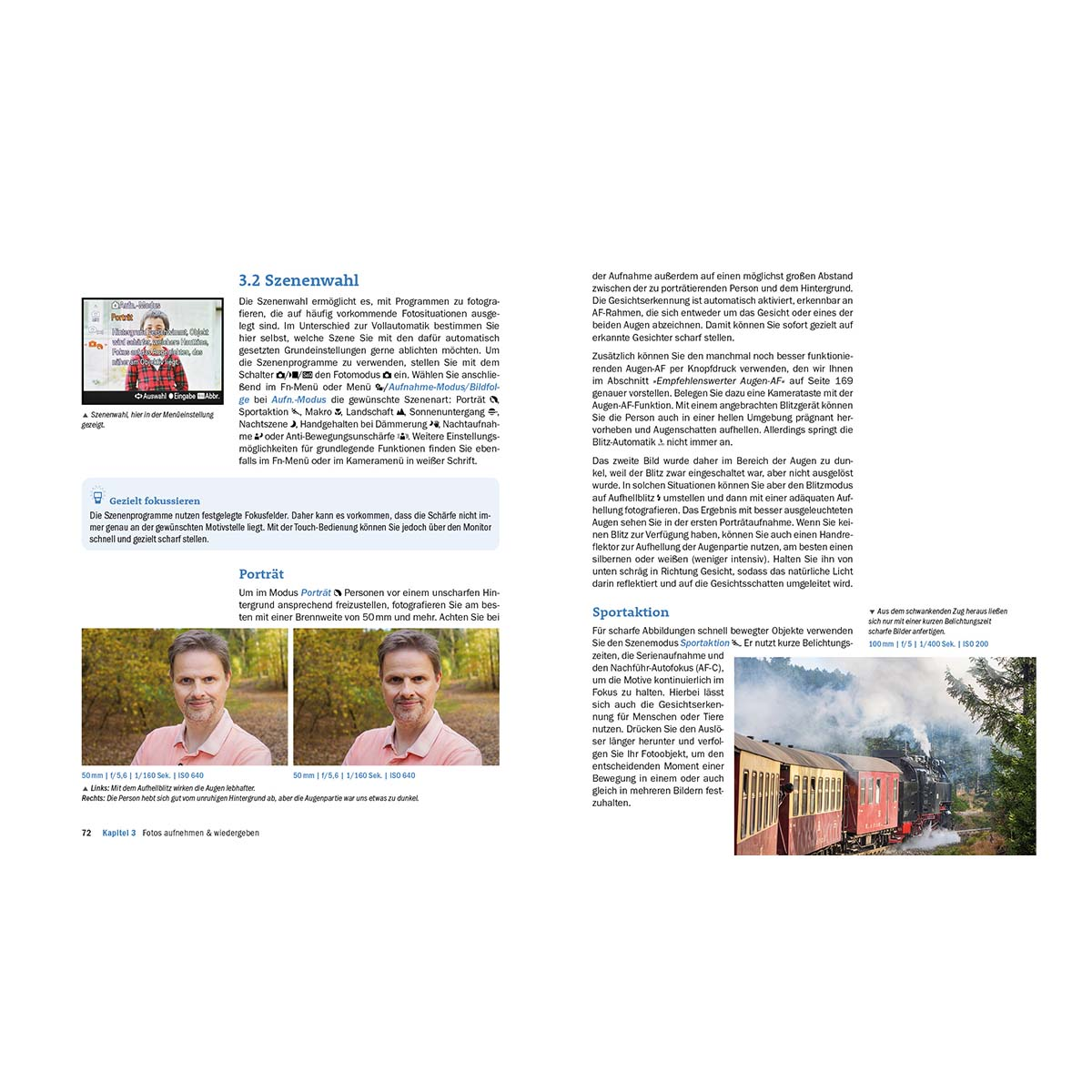 Buchseiten über Fotografie, mit Text, Bildern und einem Zugfoto.