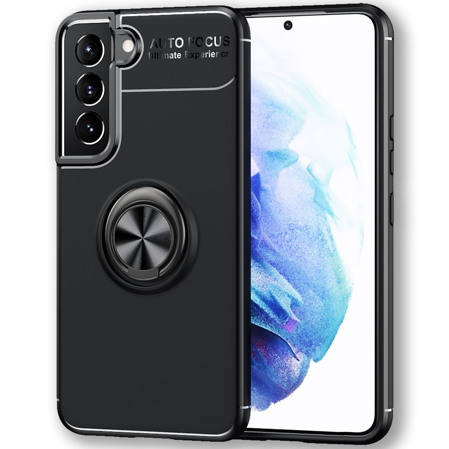 Funda de teléfono negra con soporte de anillo plateado y detalles de cámara, el texto dice 'AUTO FOCUS'.