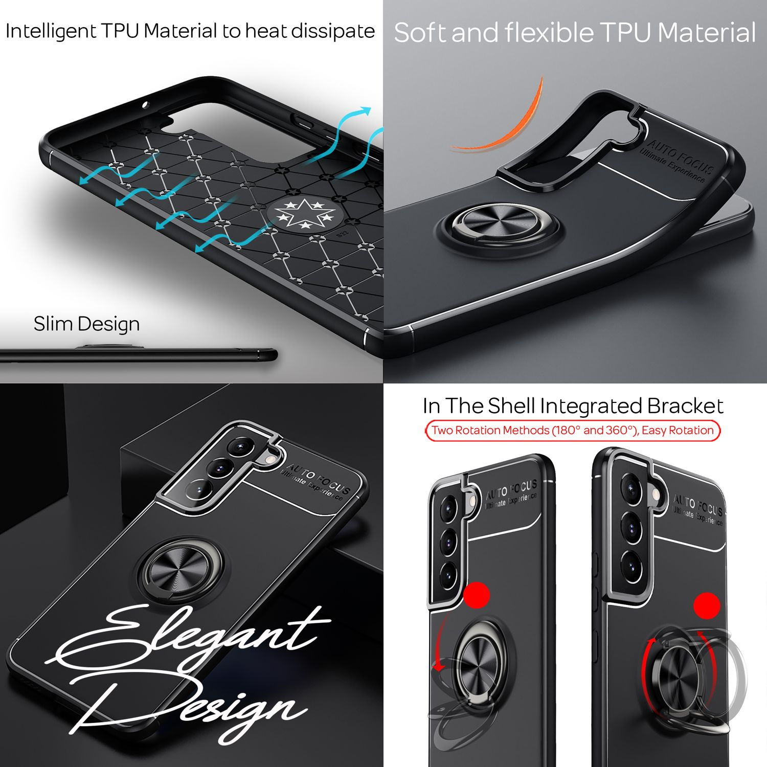 Una funda de teléfono negra con un soporte de anillo, que muestra diferentes vistas, con texto que describe las características del diseño.