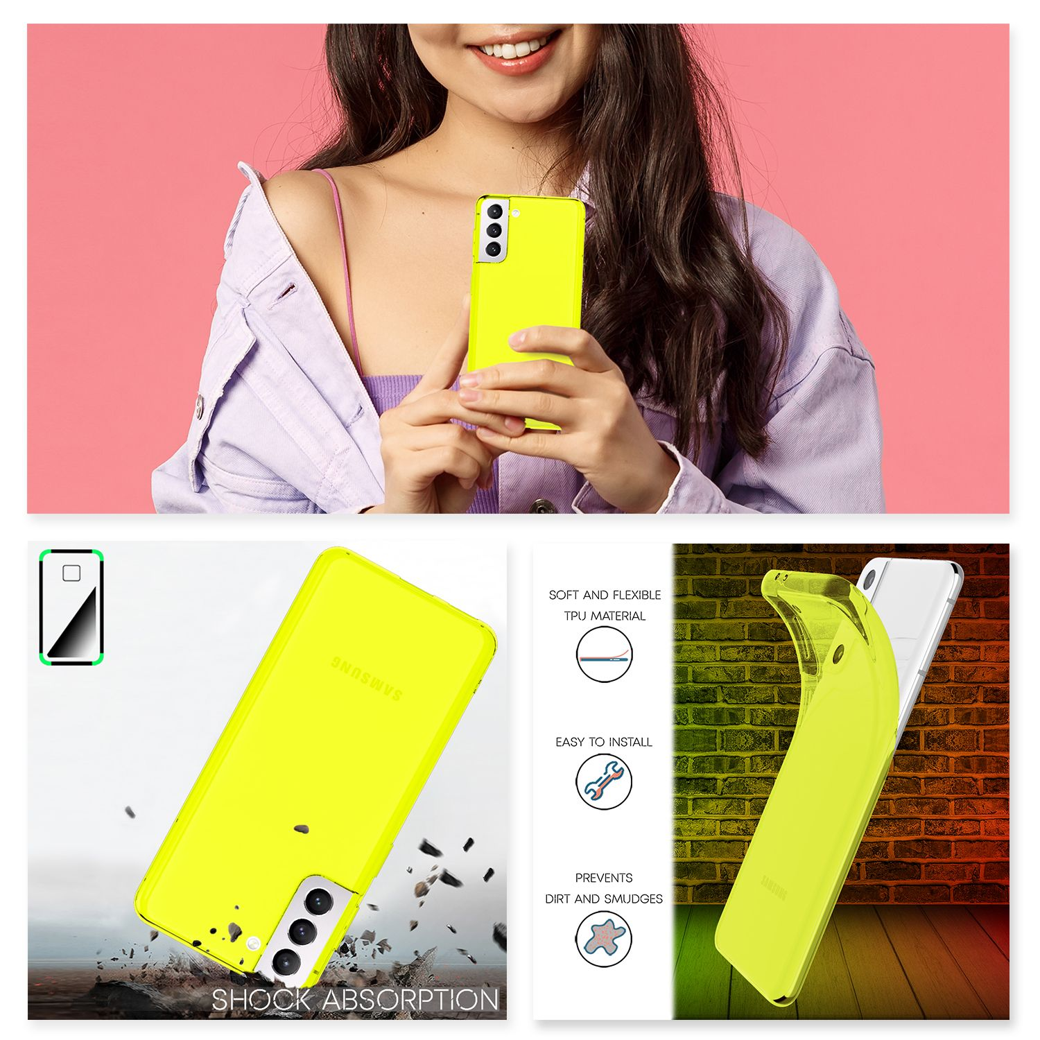 Una donna tiene una custodia per telefono giallo neon, mostrando un telefono. Caratteristiche come l'assorbimento degli urti.