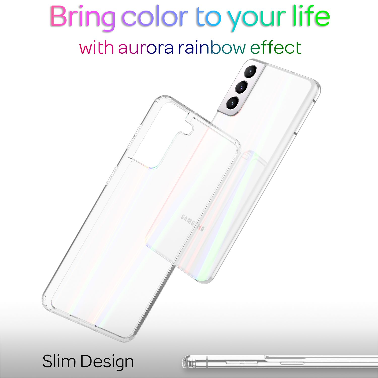 Zwei Handyhüllen und Telefon. Weiße Hülle mit Aurora-Regenbogeneffekt. Schlankes Design.