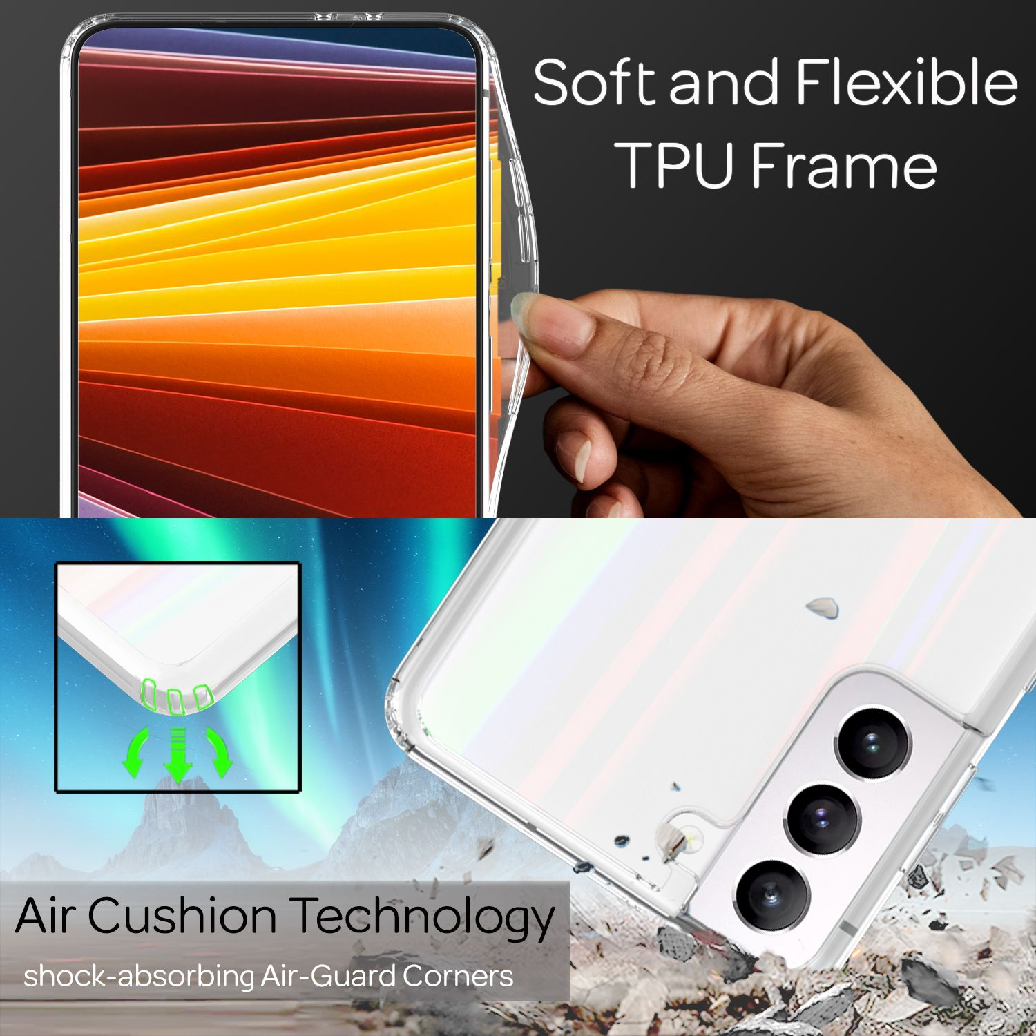 Transparente Handyhülle mit Telefon. Text: Weicher, flexibler TPU-Rahmen. Air Cushion Technology.