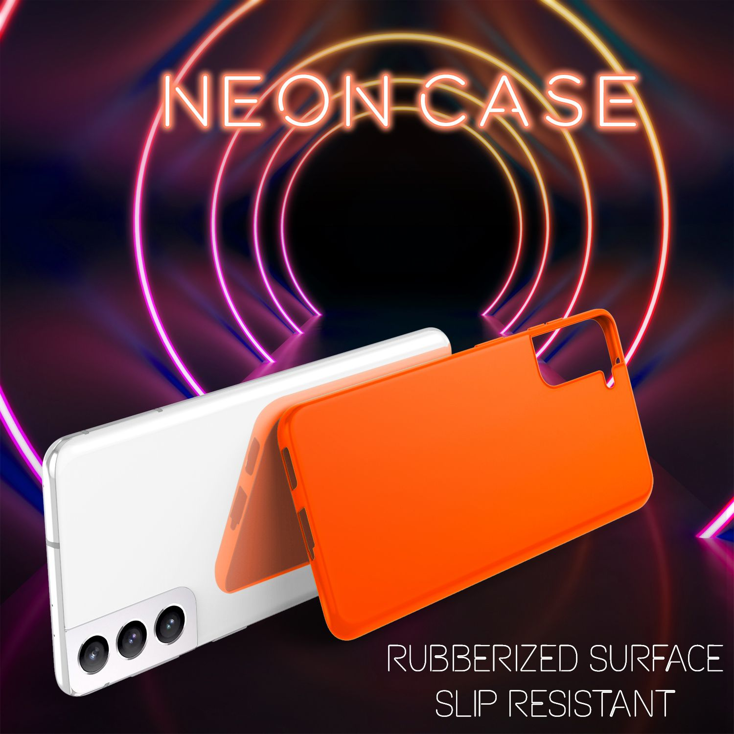 Zwei Telefone mit orangefarbenen Hüllen, Leuchtreklame mit den Worten "NEON CASE" und "RUBBERIZED SURFACE".